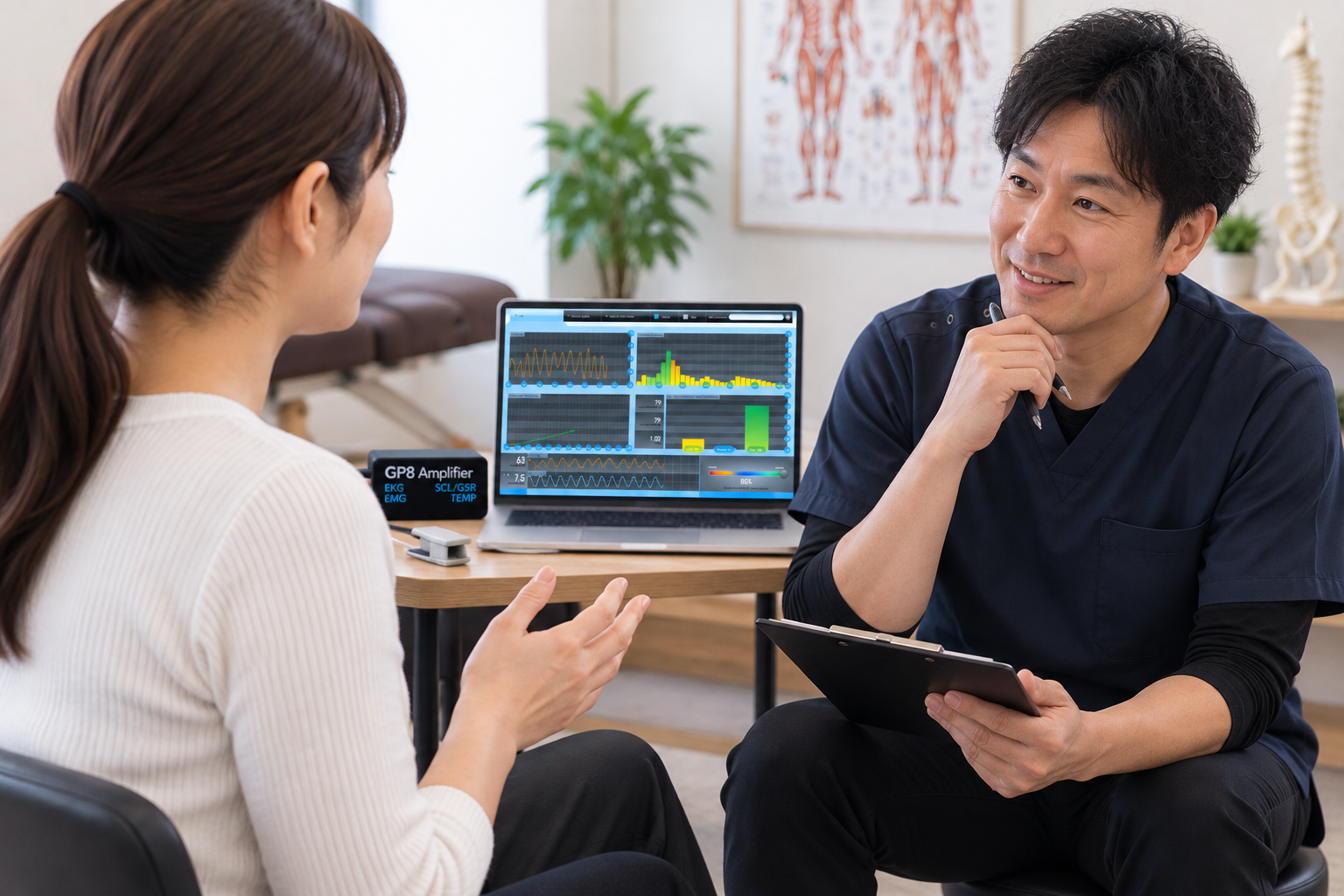 B-BREATHの測定データをそばに、施術家とクライアントが身体の感覚について話している様子