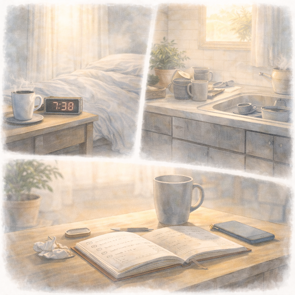 日常の負担が重なっている状態を、水彩画風のデスク風景で表現したイラスト