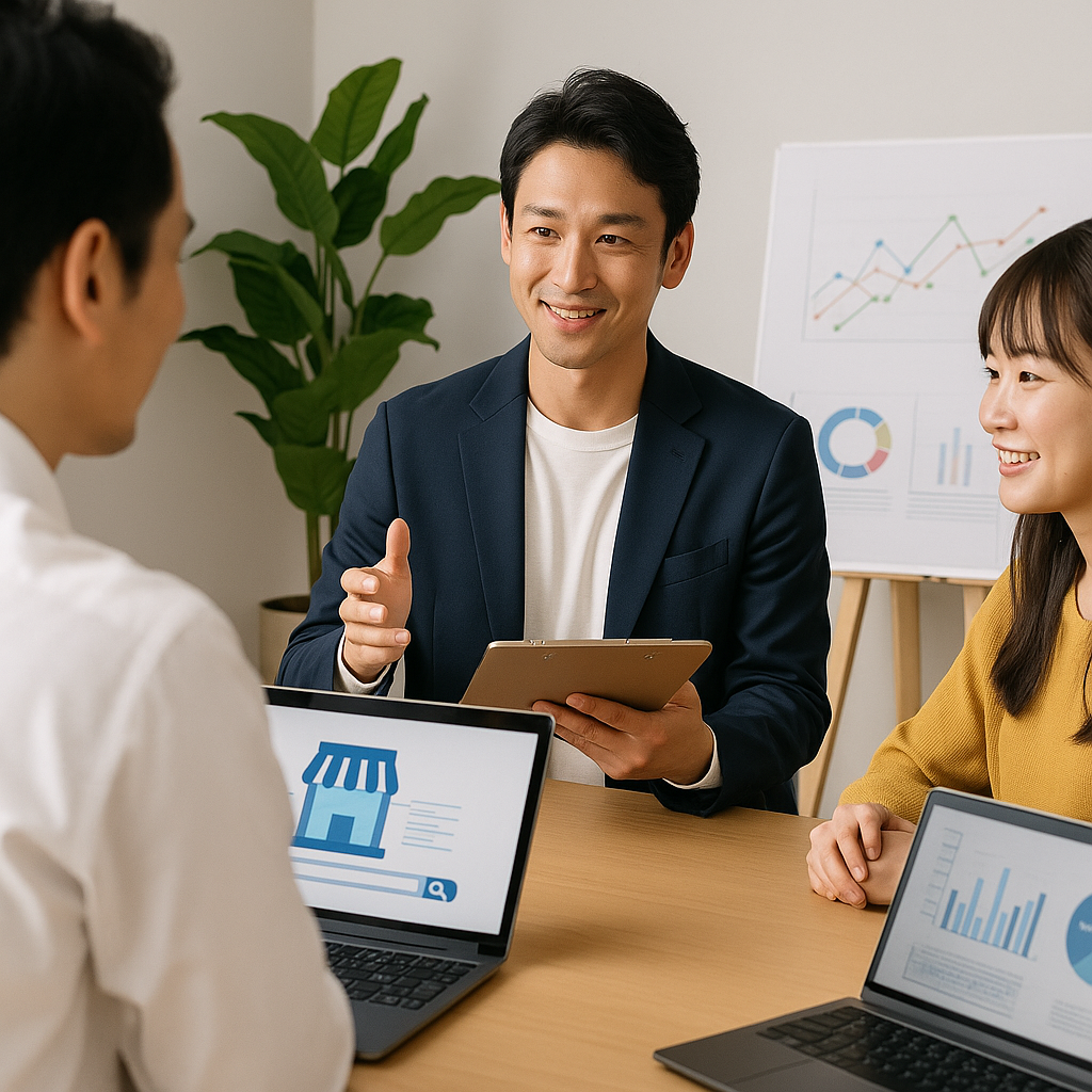 施術家とビジネスパートナーがオフィスでノートパソコンを囲み、データやグラフを見ながら前向きに打ち合わせをしている。協業やノウハウ共有、仕組みの資産化を象徴する明るい雰囲気のミーティングシーン。