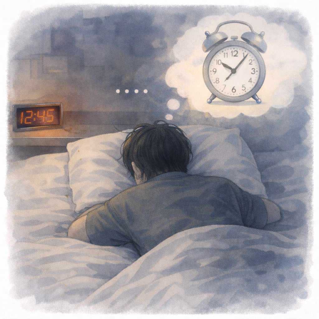 眠ろうとして体を休めているが、時間の意識だけが残っている夜の場面