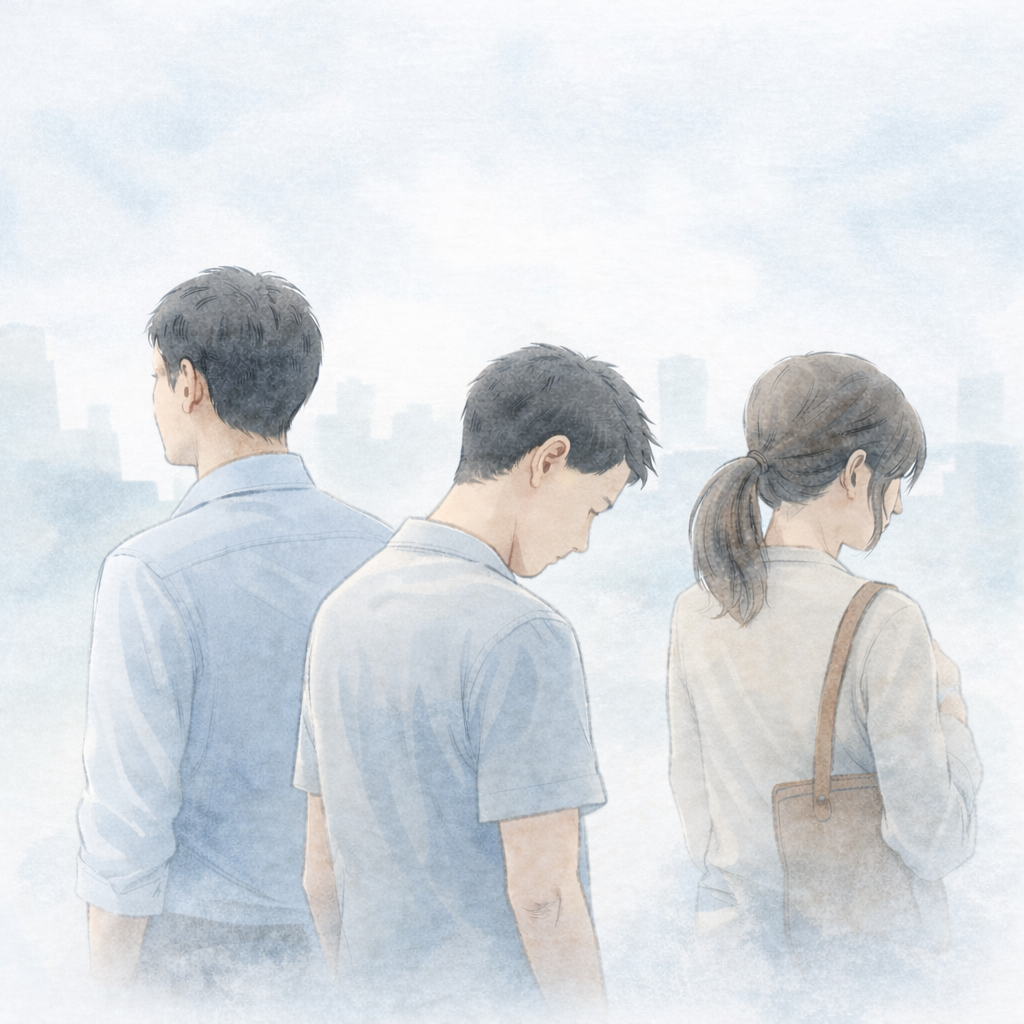 パニック症で同じ場所にとどまってしまう人たちの気配を描いた水彩画風イラスト