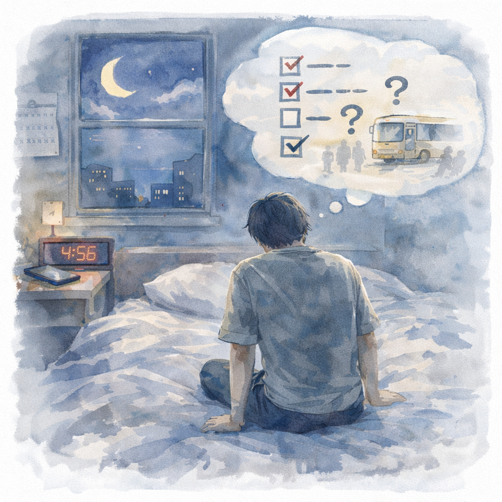 夜の時間が長く感じられ、翌日の予定や流れを静かに考えている場面