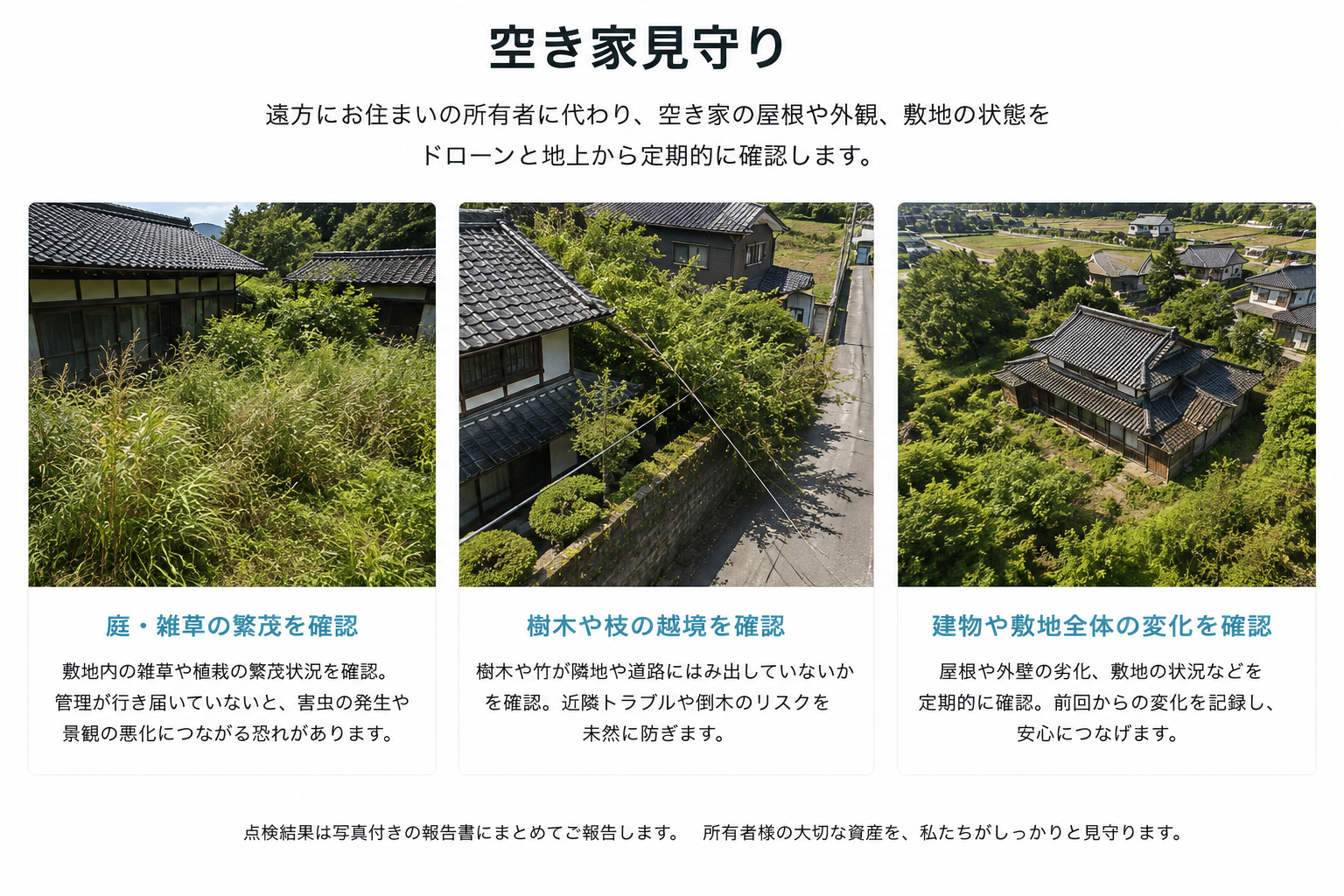 空き家の庭・樹木・建物・敷地を確認するAstroVantの空き家見守りサービス