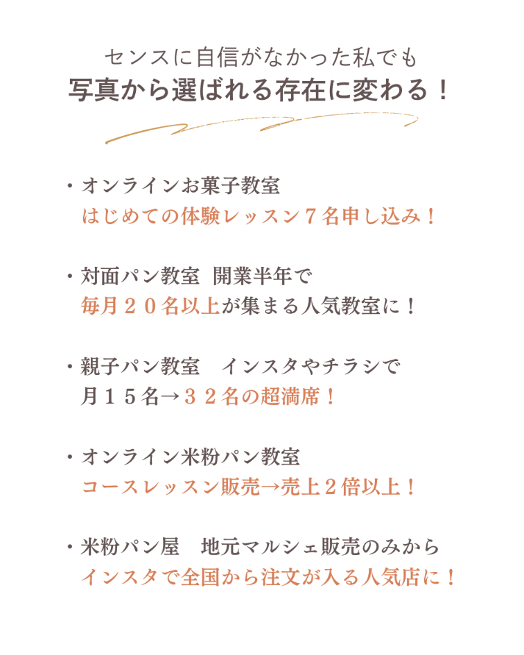 センスに自信がなかった私でも 写真から選ばれる存在に変わる！・オンラインお菓子教室 　はじめての体験レッスン７名申し込み！  ・対面パン教室  開業半年で 　毎月２０名以上が集まる人気教室に！  ・親子パン教室　インスタやチラシで 　月１５名→３２名の超満席！  ・オンライン米粉パン教室 　コースレッスン販売→売上２倍以上！  ・米粉パン屋　地元マルシェ販売のみから 　インスタで全国から注文が入る人気店に！