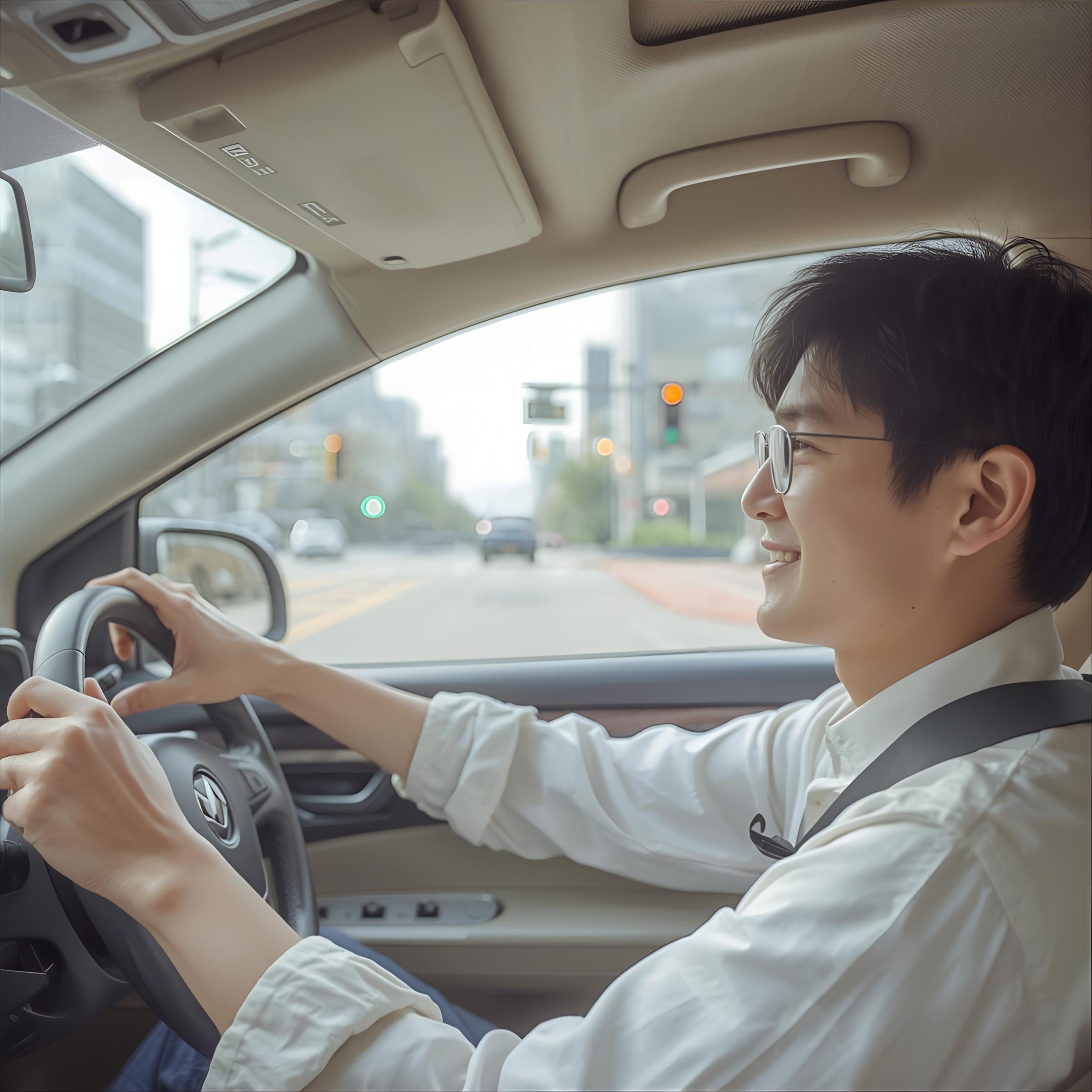 交通量の多い道路で運転の練習をする男性