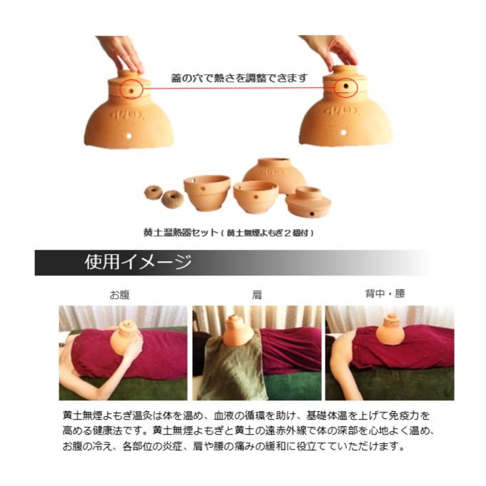 黄土温熱器セットと無煙ドーナツ型よもぎの使用方法。お腹・肩・背中や腰を温める温灸イメージ