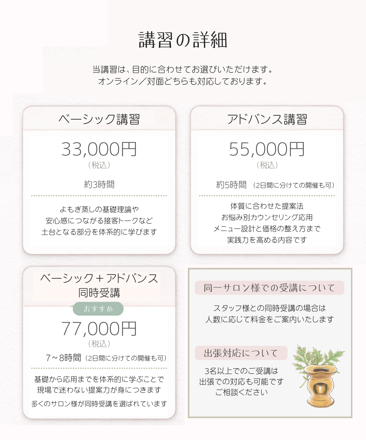 よもぎ蒸し導入・開業講習｜本質から学ぶ個別指導｜6ヶ月サポート
