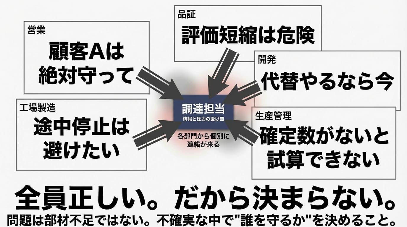 トラブル発生時に調達部門にかかる圧力の図式