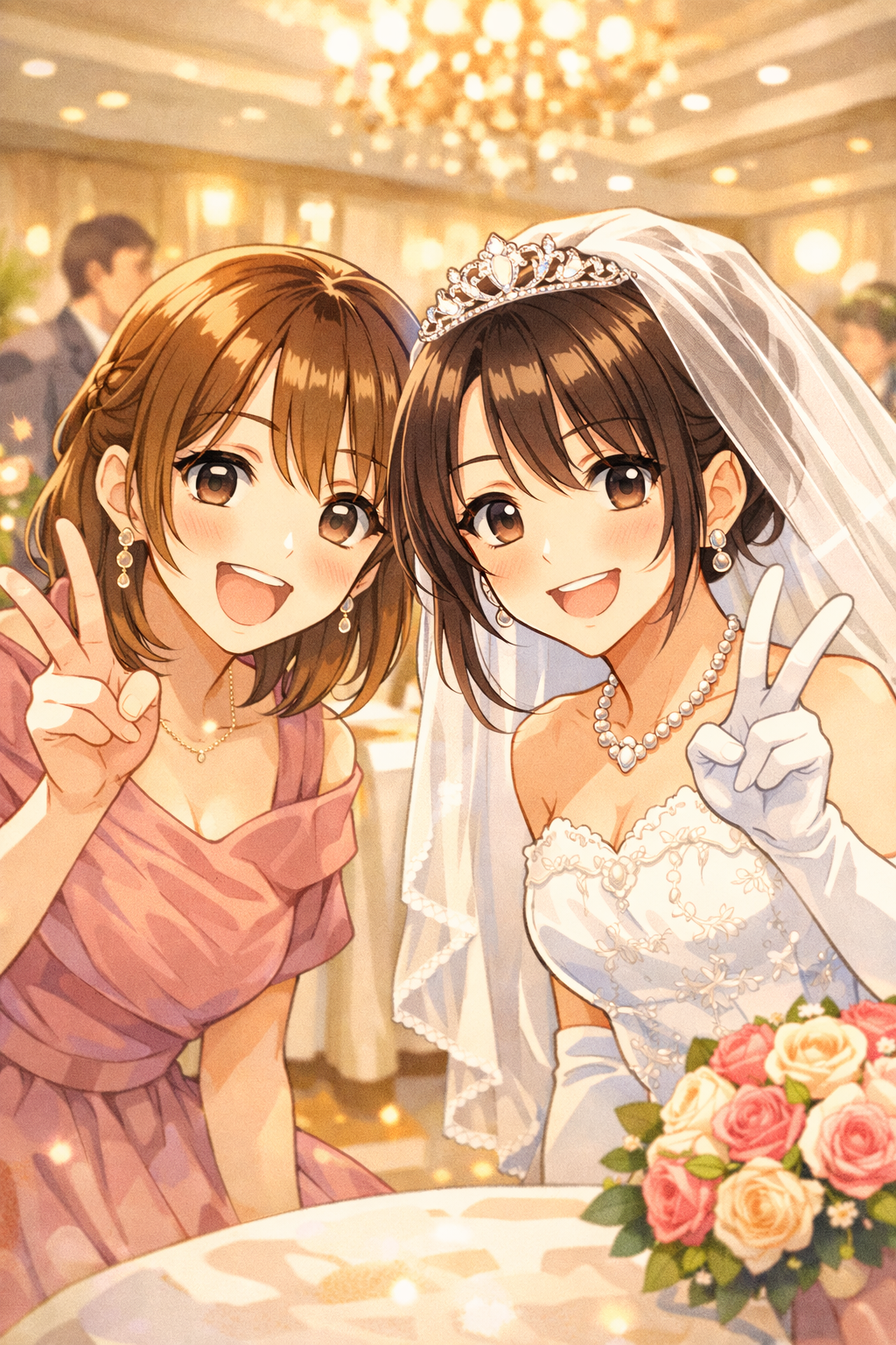 結婚式披露宴の花嫁と参列者友人記念撮影