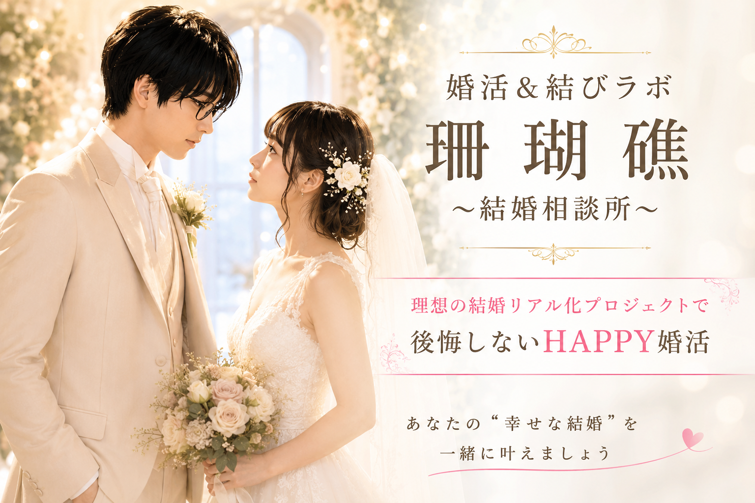 婚活&結びラボ  珊瑚礁  ~結婚相談所~  理想の結婚リアル化プロジェクトで  後悔しないHAPPY婚活  あなたの“幸せな結婚”を  一緒に叶えましょう