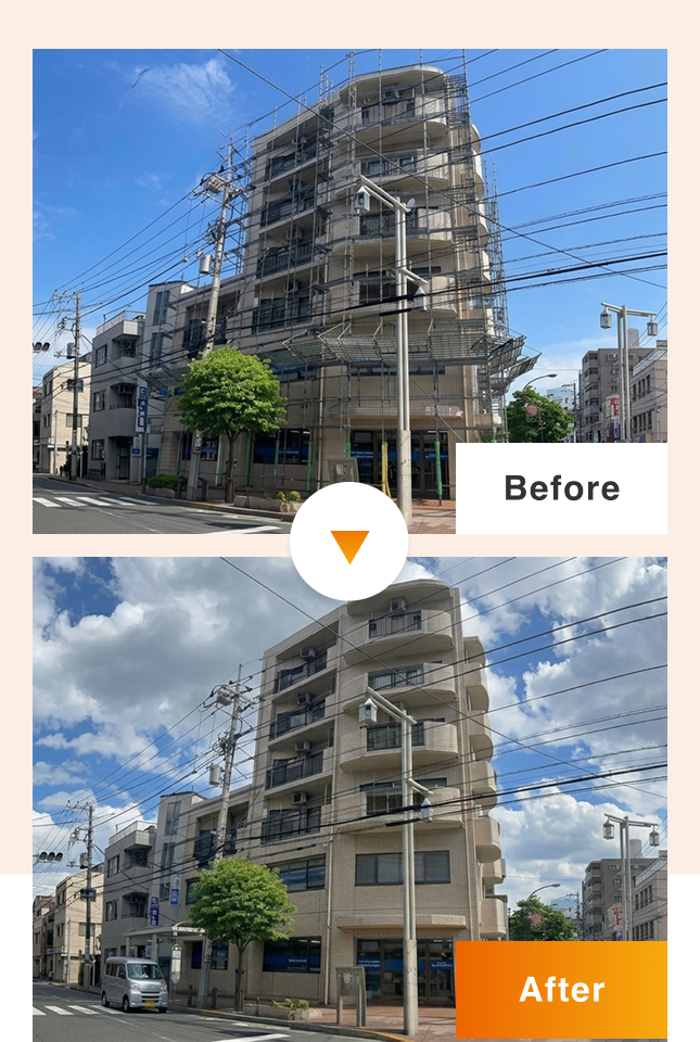 ６階建マンション大規模修繕工事ビフォーアフタースマホ版画像