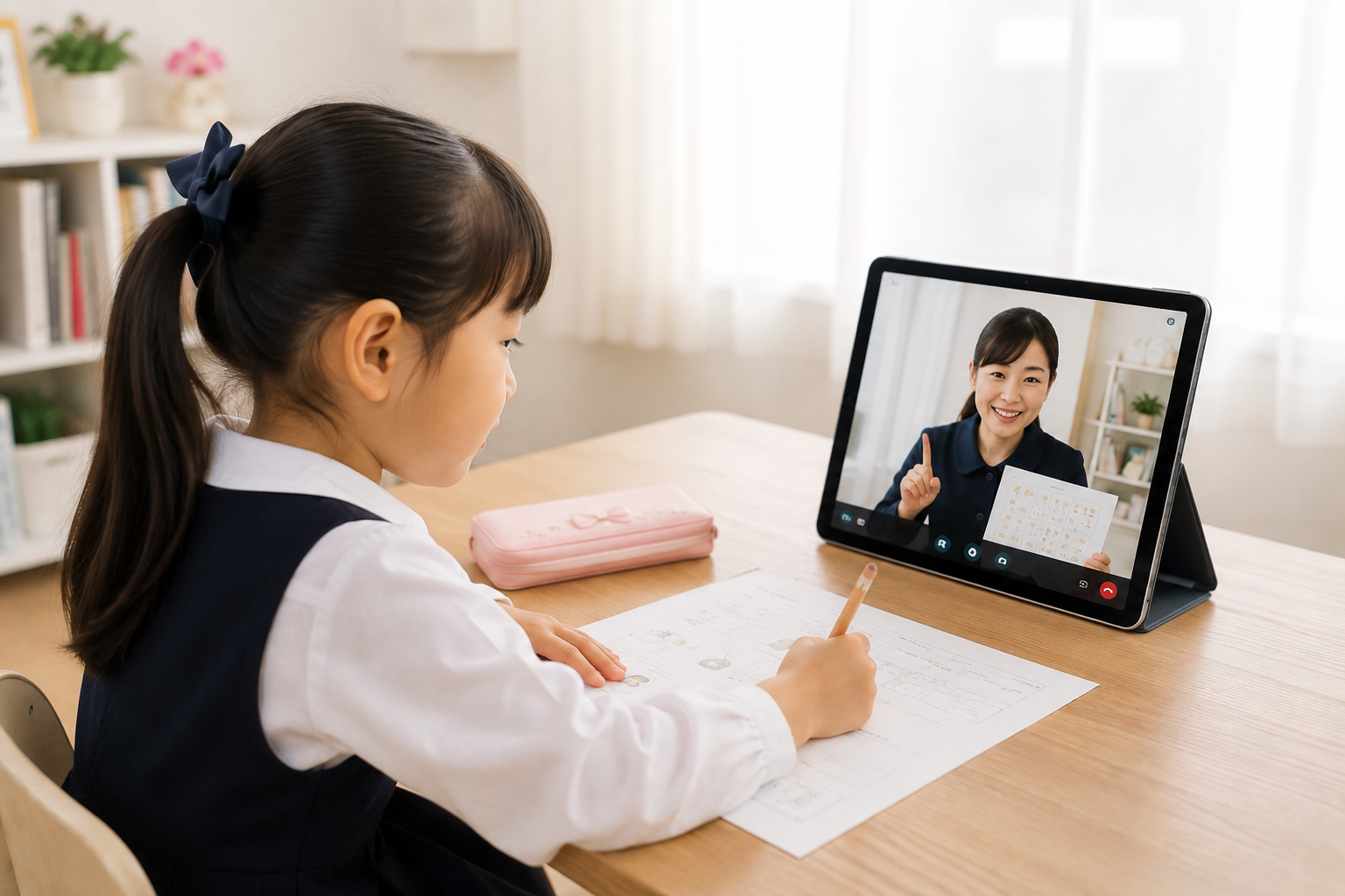 小学校受験のオンライン学習｜自宅でペーパー学習に取り組む女の子
