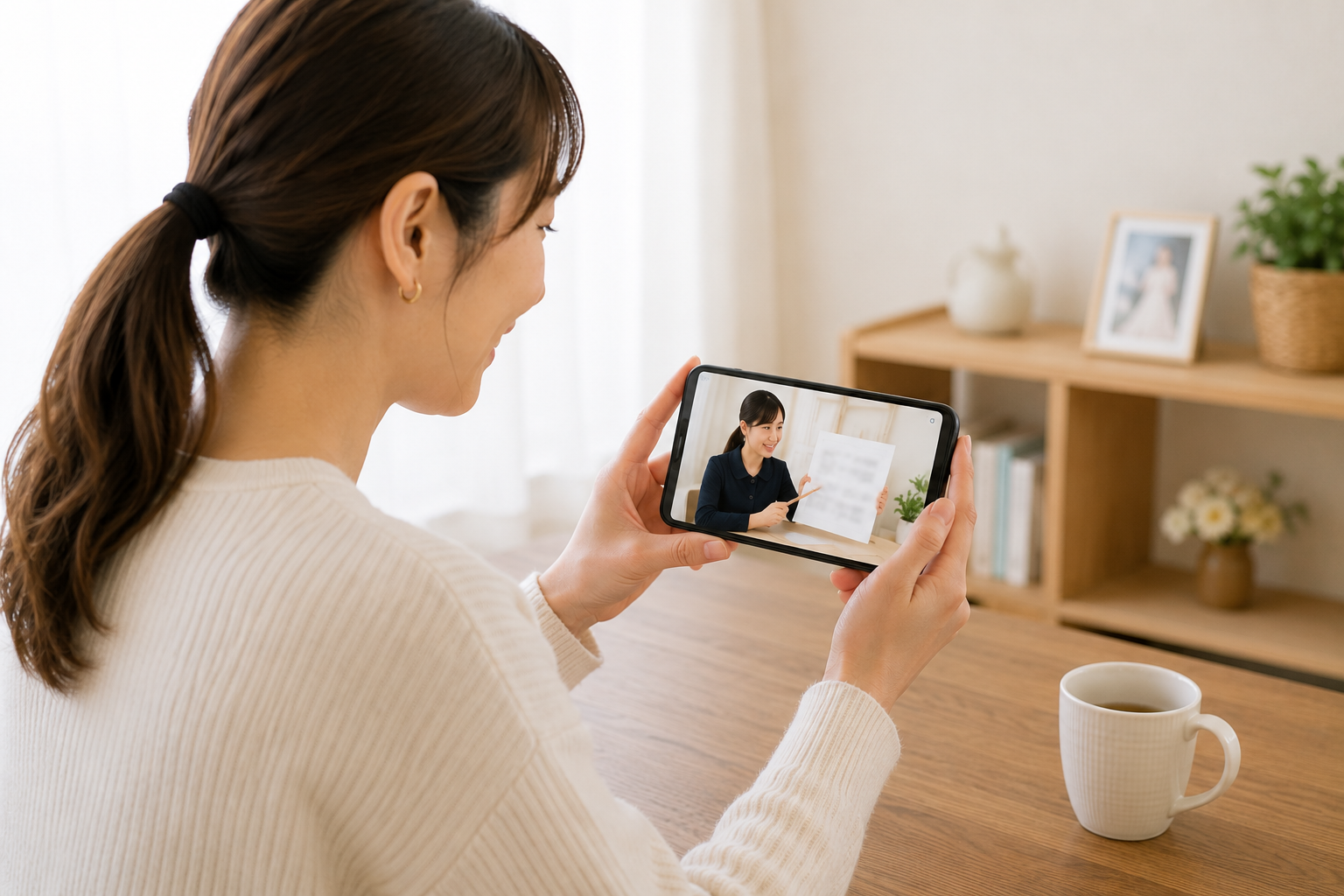 小学校受験のレッスン報告｜母親がスマートフォンで講師の動画を見る様子