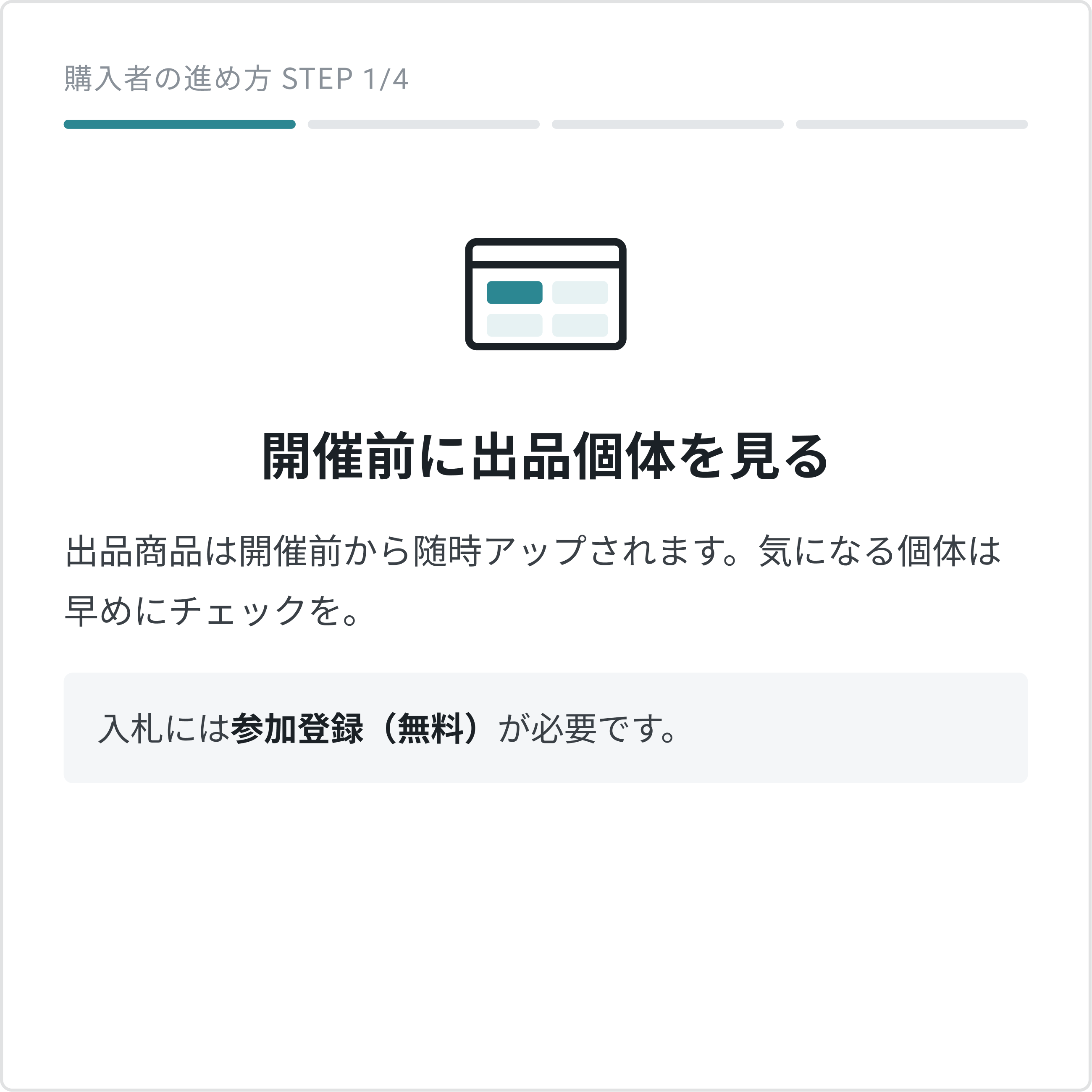 購入の流れ STEP1：開催前に出品個体を見る。出品商品は開催前から随時アップされます。入札には参加登録（無料）が必要です。