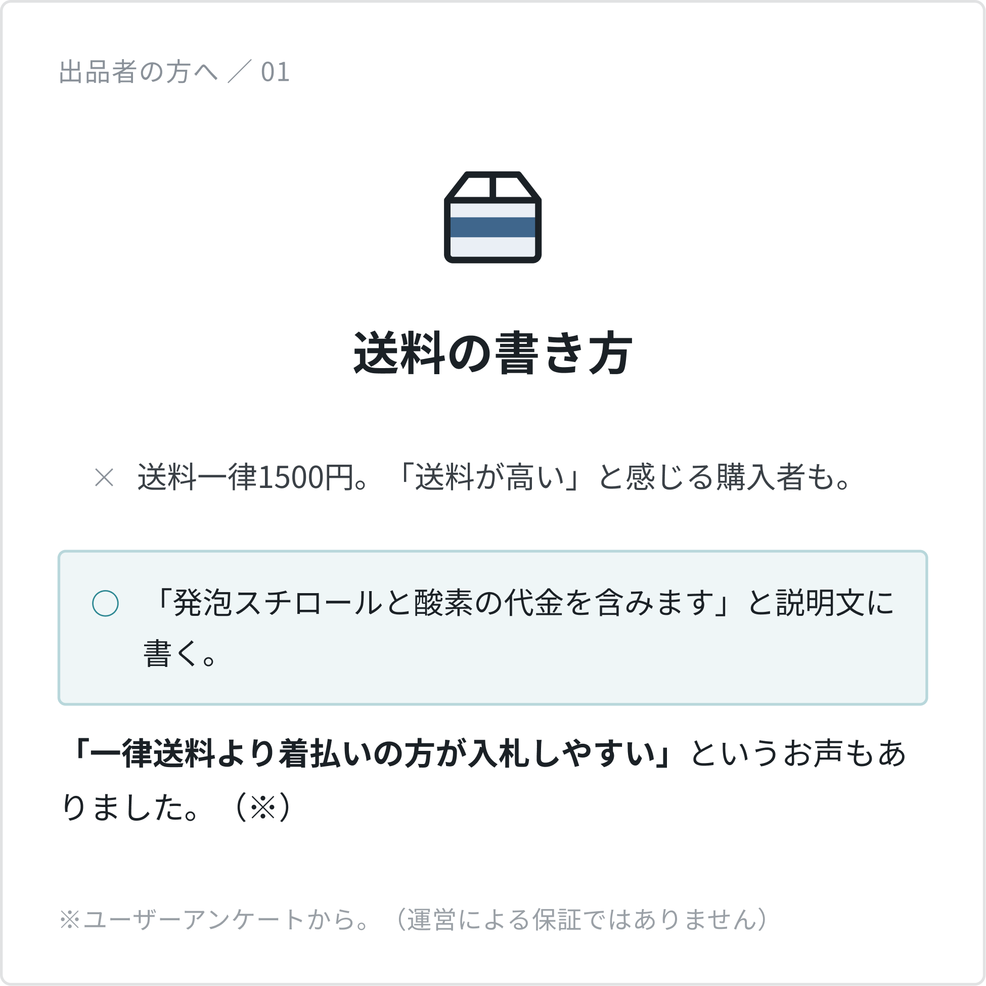送料の書き方：送料一律1500円だけでは「送料が高い」と感じる購入者も。「発泡スチロールと酸素の代金を含みます」と説明文に書きましょう。「一律送料より着払いの方が入札しやすい」というお声もありました（ユーザーアンケートより。運営による保証ではありません）。