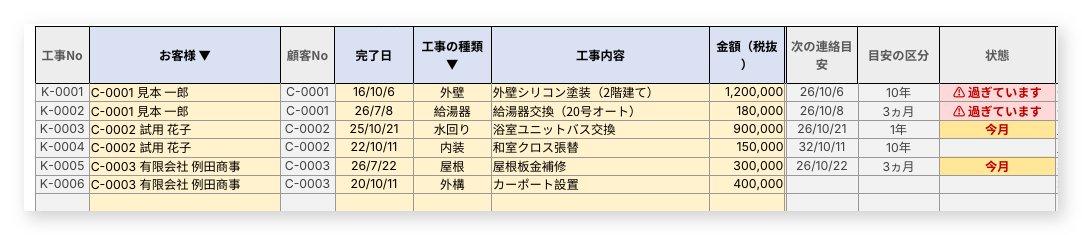 工事履歴の画面（見本）
