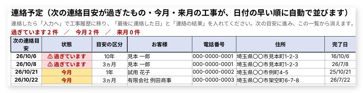 連絡予定の画面（見本）