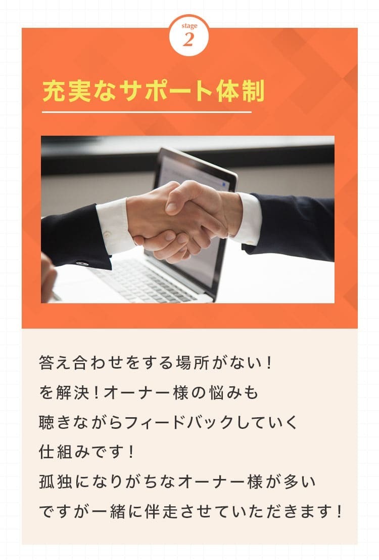 2,充実なサポート体制。答え合わせをする場所がない！を解決！オーナー様の悩みも聴きながらフィードバックしていく仕組みです！
