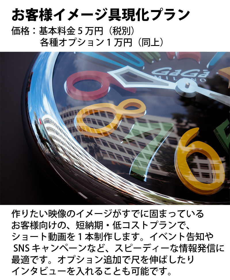 お客様イメージ具現化プラン。価格：基本料金 5 万円（税別）               各種オプション 1 万円（同上）。作りたい映像のイメージがすでに固まっている お客様向けの、短納期・低コストプランで、 ショート動画を 1 本制作します。イベント告知や  SNS キャンペーンなど、スピーディーな情報発信に 最適です。オプション追加で尺を伸ばしたり インタビューを入れることも可能です。