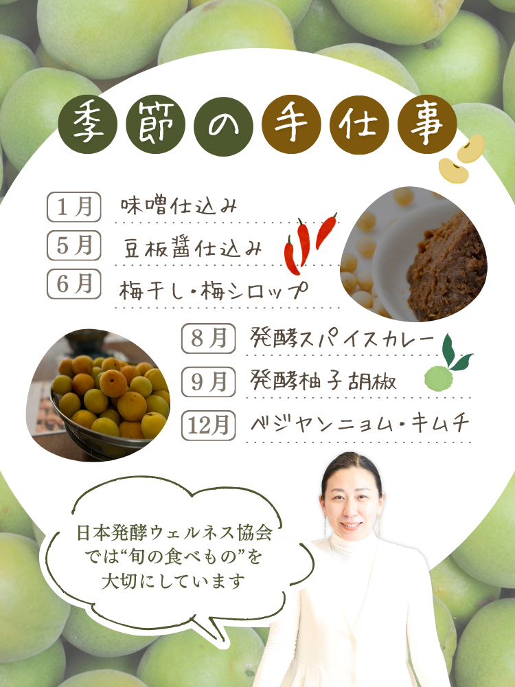 季節の手仕事【１月】味噌仕込み【５月】豆板醤仕込み【６月】梅干し・梅シロップ【８月】発酵スパイスカレー【９月】発酵柚子胡椒【１２月】ベジヤンニョム・キムチ