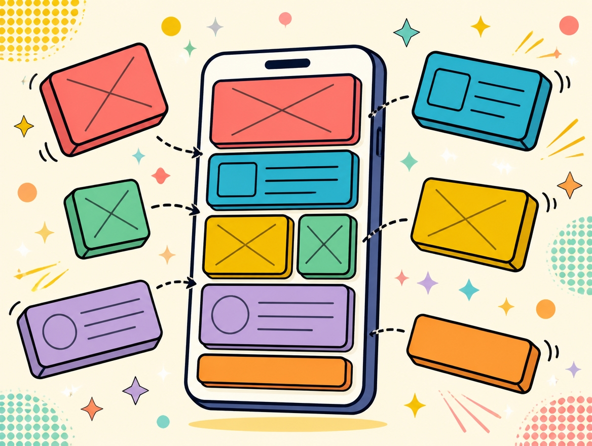 6つのブロックが1枚のLPに組み上がるイラスト