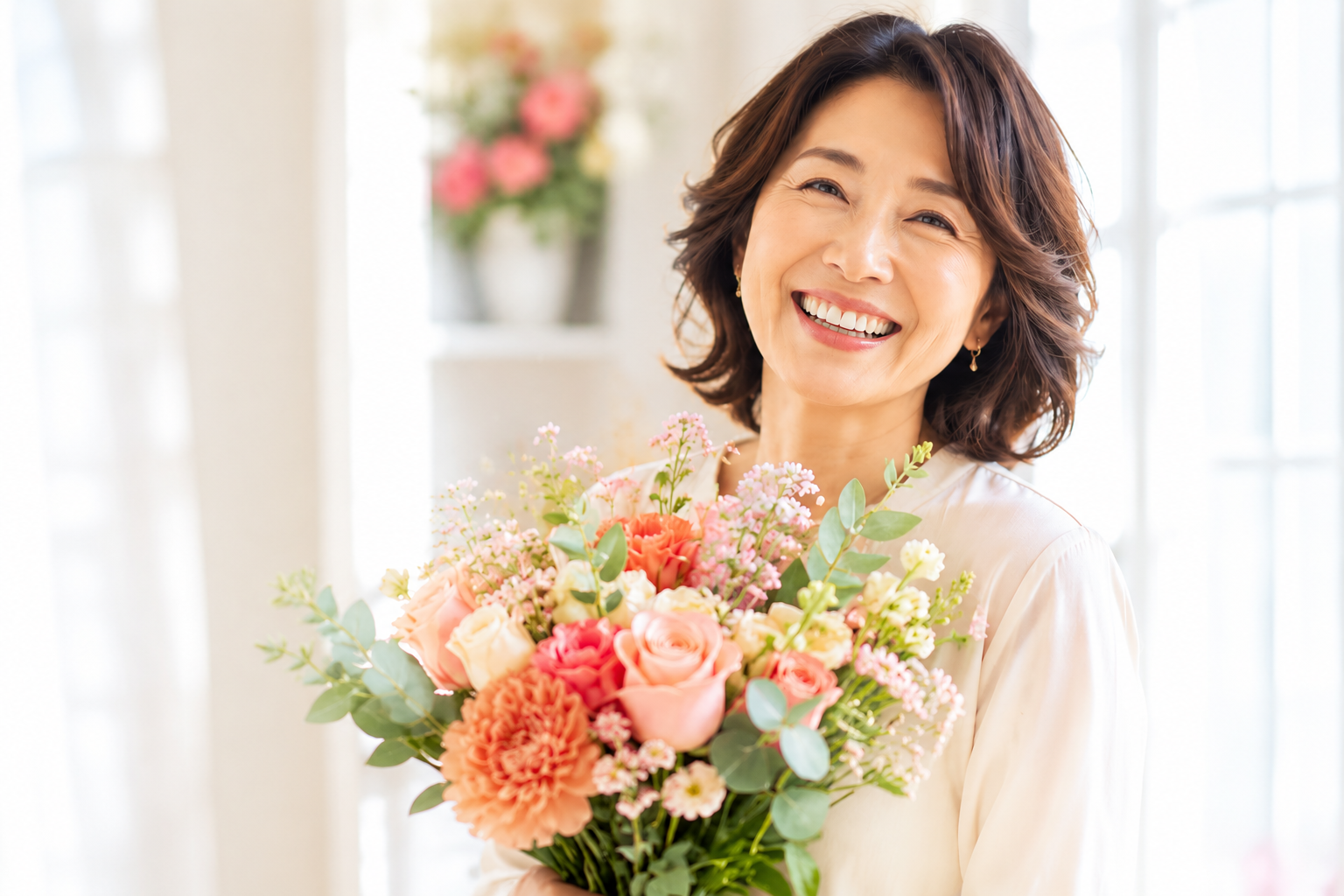 花束を持って笑顔の女性