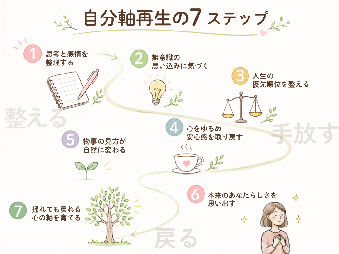 自分軸回復の7ステップ（プログラムの内容） 1.  思考・感情の整理 2.無意識の思い込みに気づく 3.人生の優先順位を整える 4.心をゆるめ、安心感を取り戻す 5.物事の見方が自然に変わる 6.本来のあなたらしさを思い出す 7.揺れても戻れる、心の軸を育てる