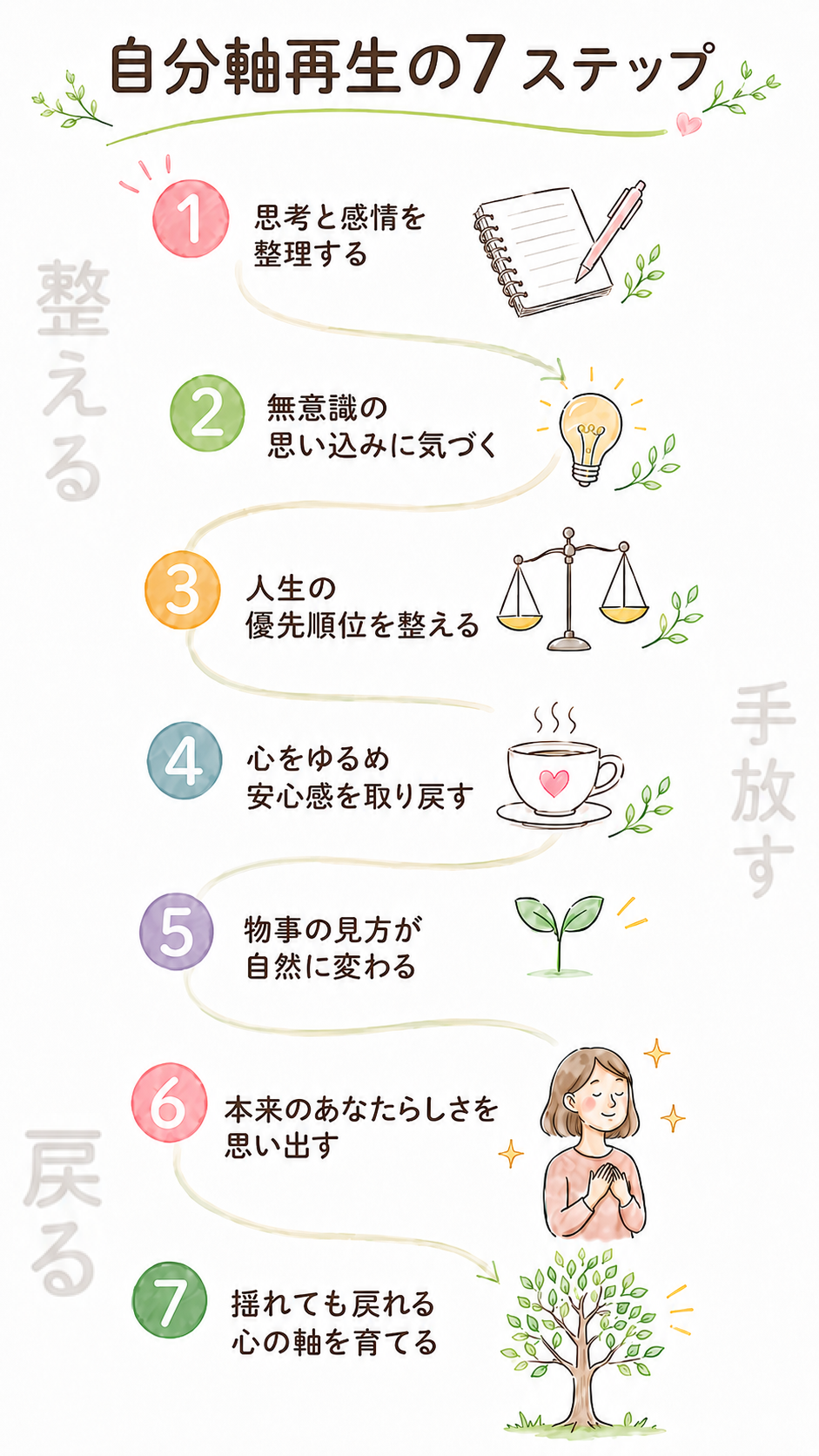 自分軸回復の7ステップ（プログラムの内容） 1.  思考・感情の整理 2.無意識の思い込みに気づく 3.人生の優先順位を整える 4.心をゆるめ、安心感を取り戻す 5.物事の見方が自然に変わる 6.本来のあなたらしさを思い出す 7.揺れても戻れる、心の軸を育てる