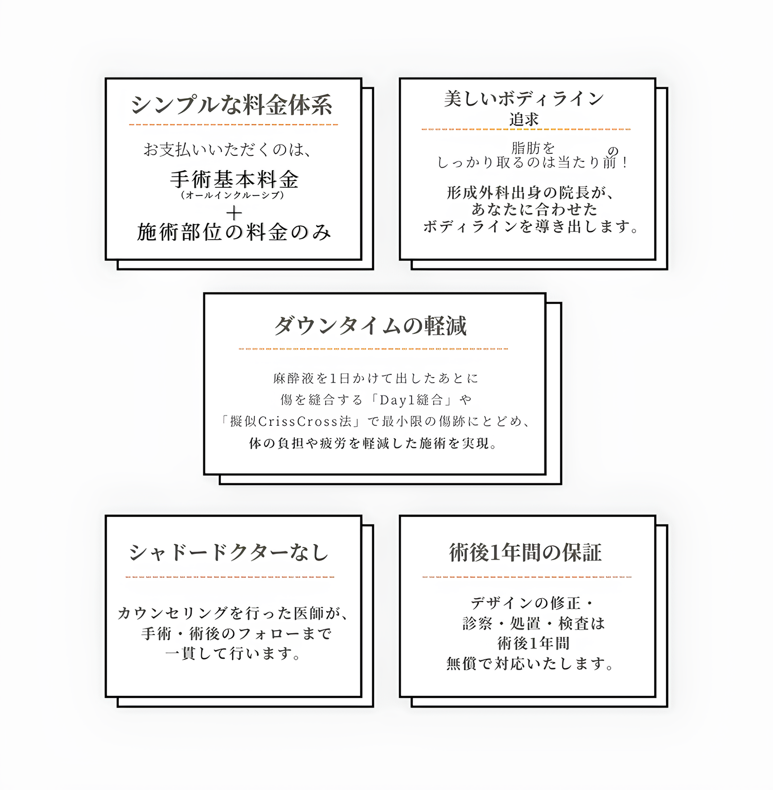 当院の取り組み  シンプルな料金体系、 お支払いいただくのは、手術基本料金 ＋ 施術部位の料金のみ。  美しいボディラインの追求、 脂肪をしっかり取るのは当たり前！ 形成外科出身の院長が、あなたに合わせたボディラインを導き出します。  ダウンタイムの軽減、 麻酔液を1日かけて出したあとに傷を縫合する「Day1縫合」や「擬似CrissCross法」で最小限の傷跡にとどめ、体の負担や疲労を軽減した施術を実現。  シャドードクターなし カウンセリングを行った医師が、手術・術後のフォローまで一貫して行います。  術後1年間の保証 デザインの修正・診察・処置・検査は術後1年間無償で対応いたします。