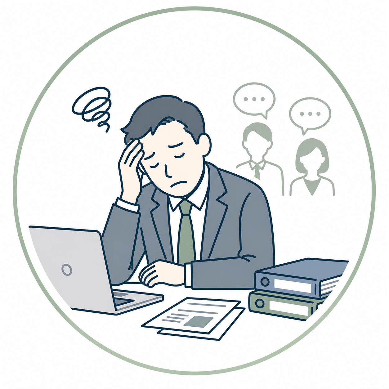 部下育成やコミュニケーションに悩み、疲弊している管理職を表した企業研修用イラスト。若手との関わり方や伝え方に負担を感じ、管理職支援や組織コミュニケーション改善が必要な職場課題を示すイメージ