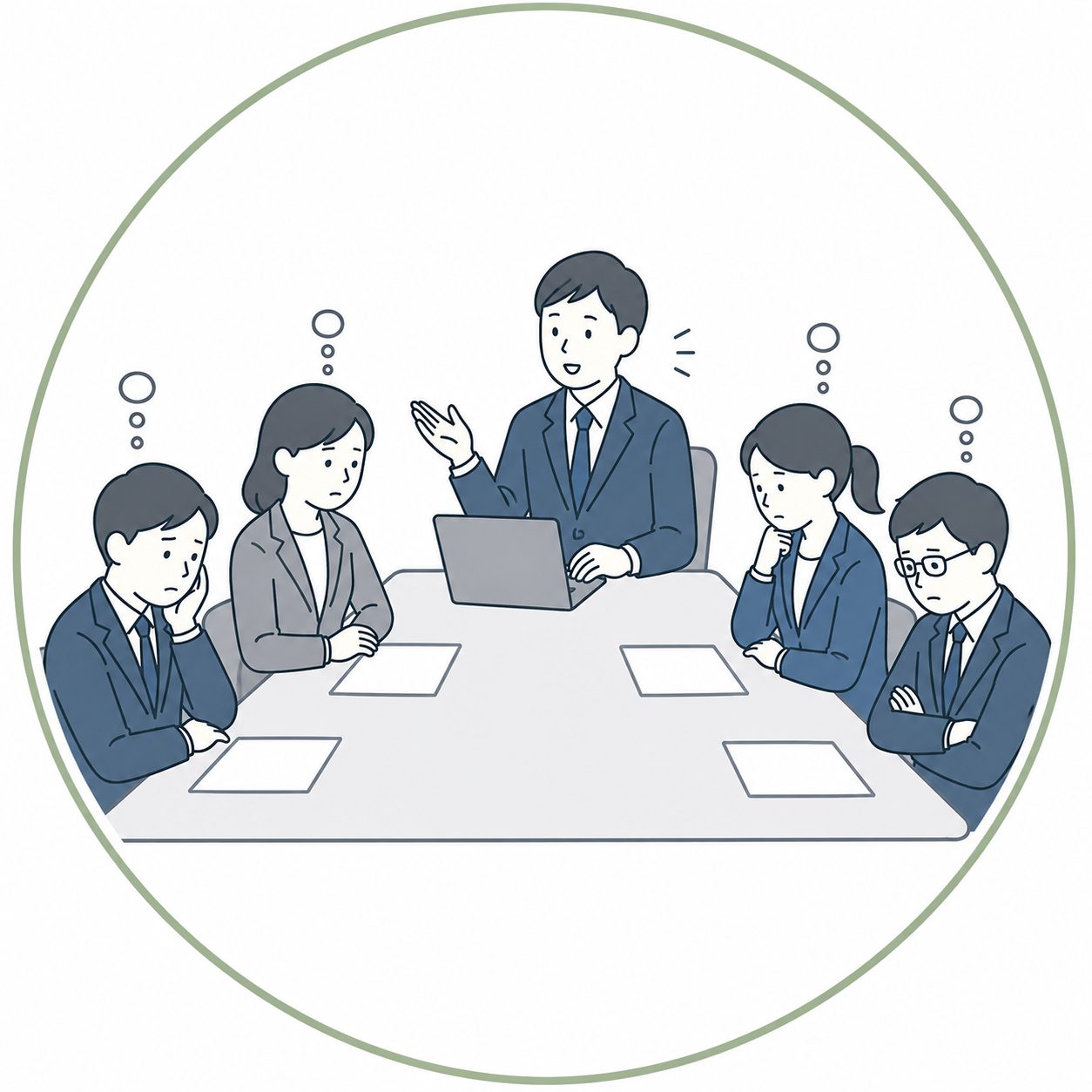 会議で意見や本音が出にくい職場状態を表した企業研修用イラスト。発言する人が限られ、若手や社員が受け身になっている組織コミュニケーション課題と、心理的安全性不足を示す組織改善研修のイメージ