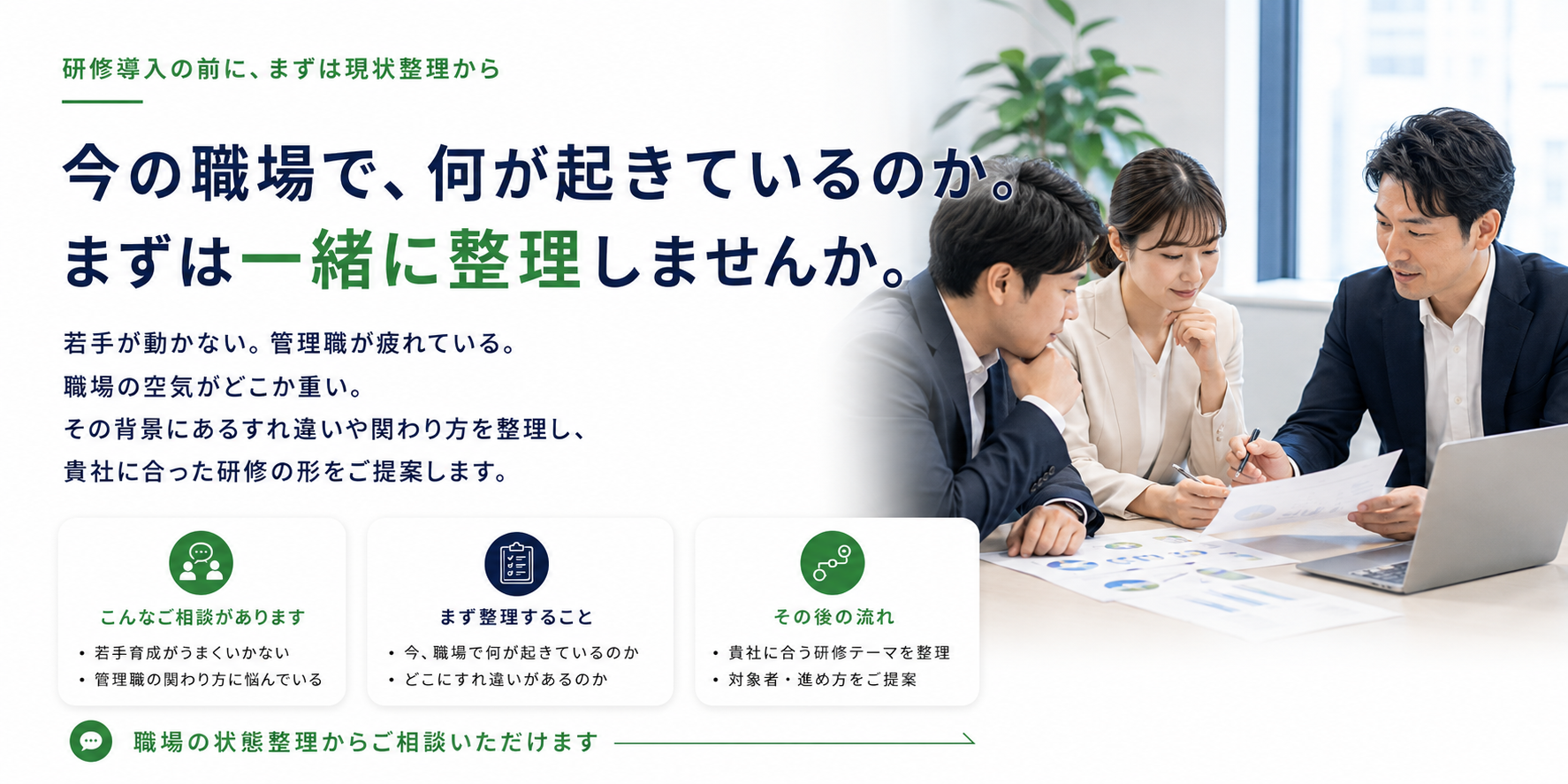 企業研修導入前の現状整理をテーマにした組織改善支援スライド。若手育成や管理職疲弊、職場の空気感などの課題を整理し、心理学を活用しながら組織コミュニケーション改善と対話が生まれる職場づくりを支援する企業研修