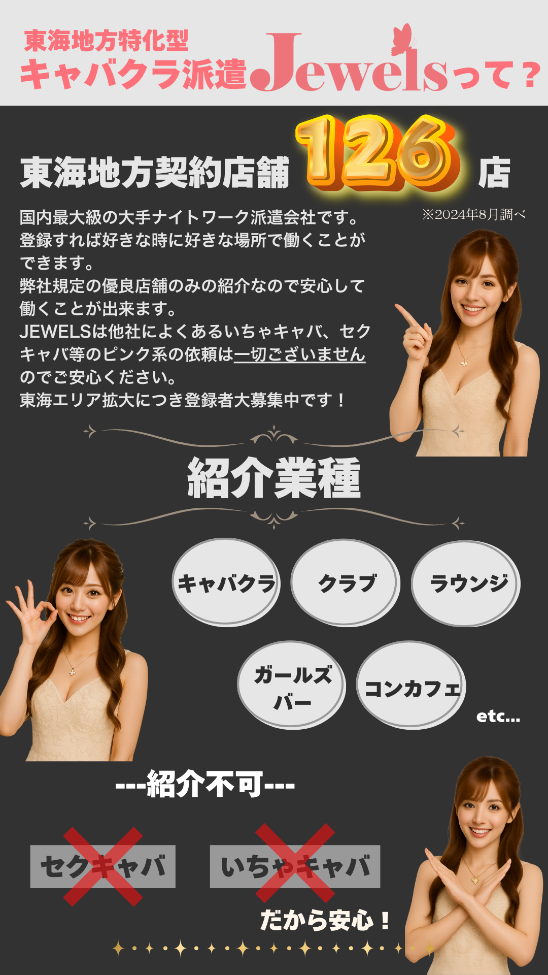 国内最大級の大手ナイトワーク派遣会社です。 登録すれば好きな時に好きな場所で働くことができます。 弊社規定の優良店舗のみの紹介なので安心して働くことが出来ます。 JEWELSは他社によくあるいちゃキャバ、セクキャバ等のピンク系の依頼は一切ございませんのでご安心ください。 東海エリア拡大につき登録者大募集中です！紹介業種キャバクラクラブラウンジガールズバーコンカフェ