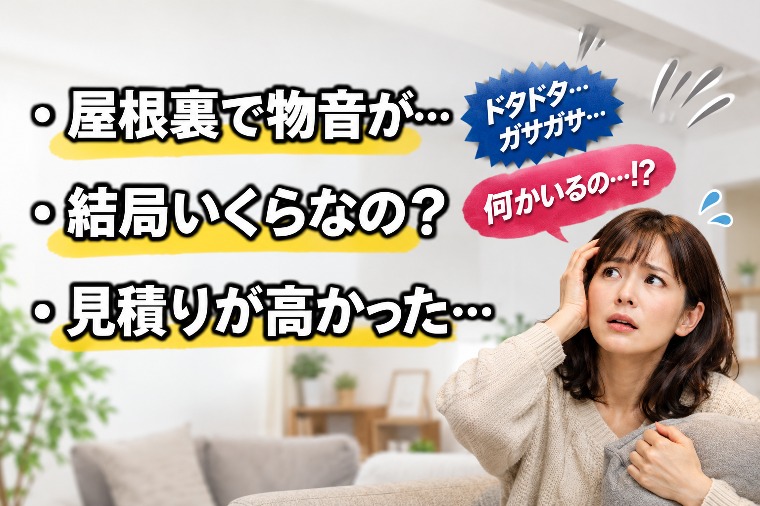 屋根裏の物音や料金不安など害獣被害の悩みを表現した案内画像