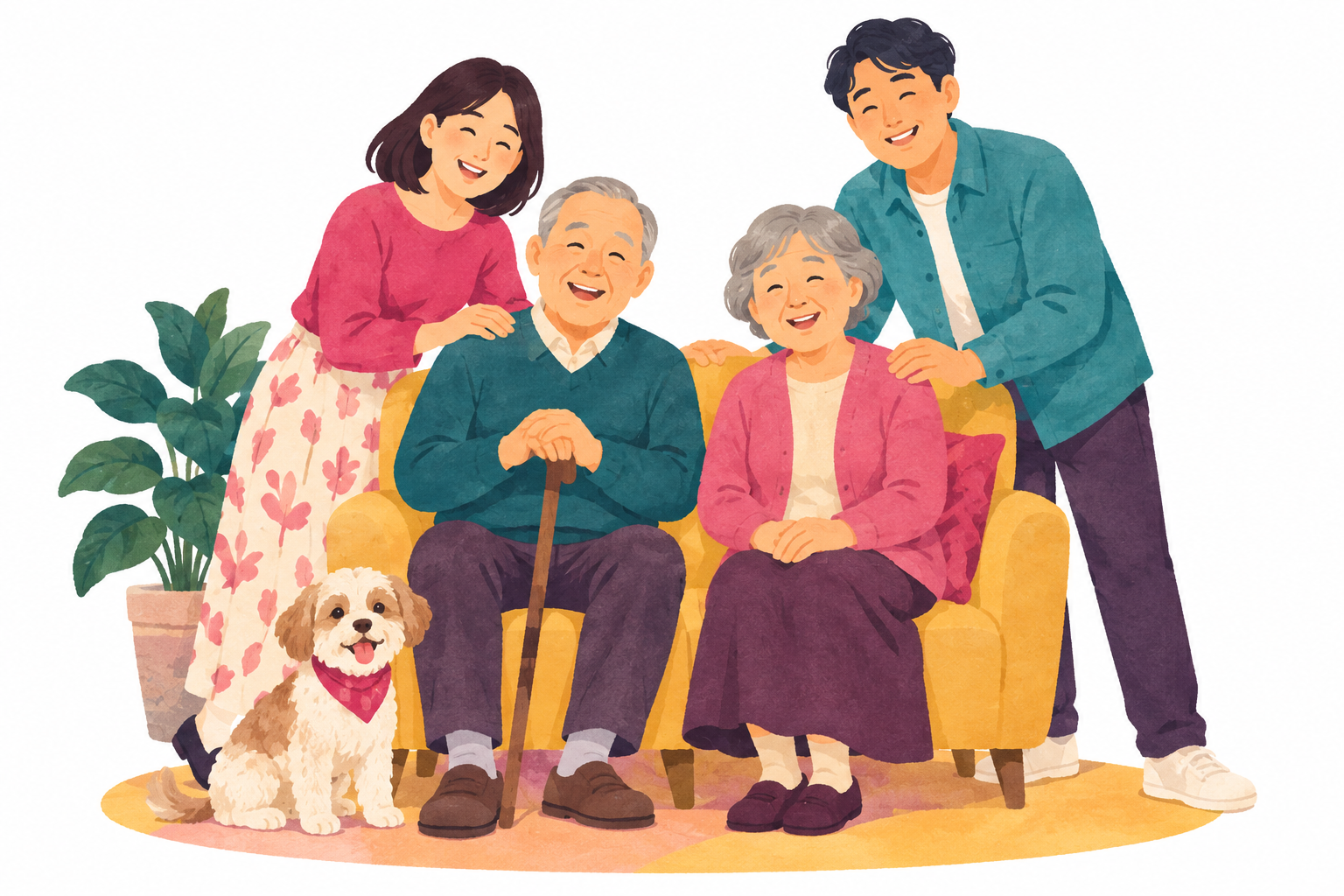 高齢のご夫婦とご家族が笑顔で寄り添うイラスト