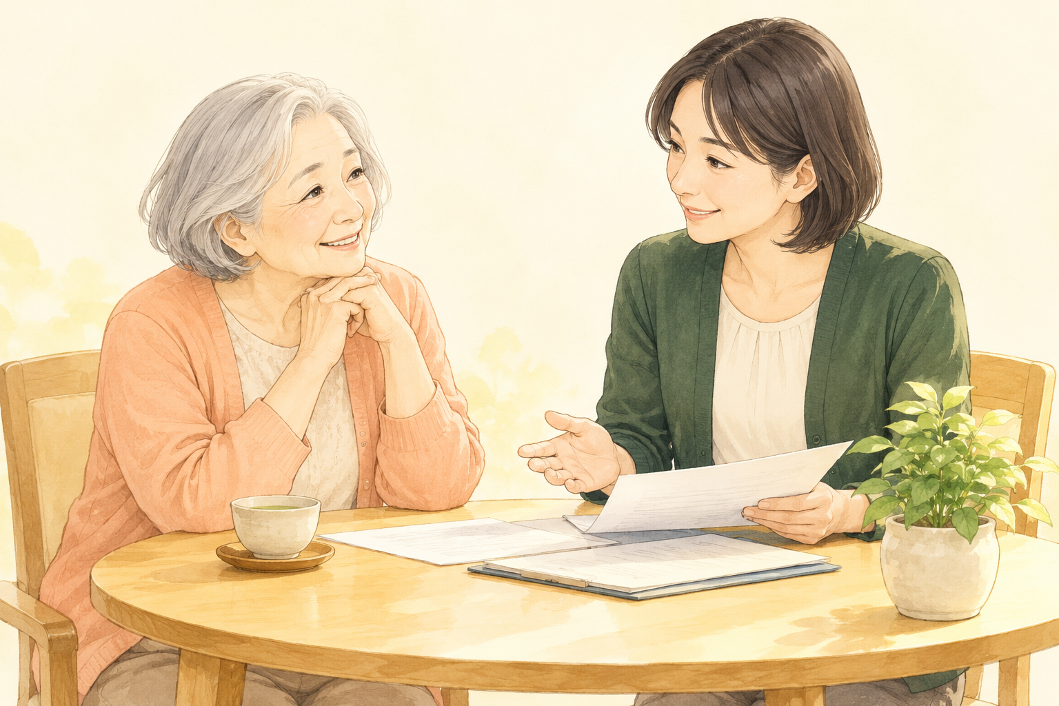 お茶を囲み、高齢の女性の話に耳を傾ける相談員のイラスト