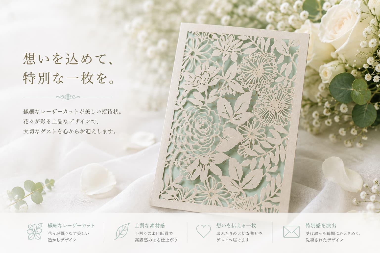 繊細な花柄のレーザーカットを施した上品な結婚式招待状。ミントグリーンの台紙と花々を組み合わせた、華やかで洗練されたウェディングペーパーアイテム