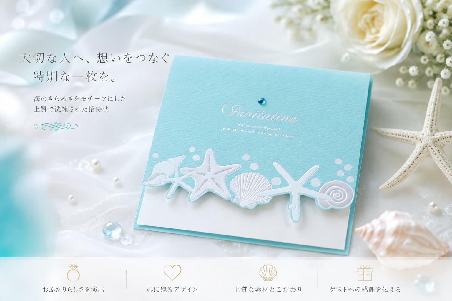 海をイメージした爽やかなブルーの結婚式招待状。貝殻やヒトデをあしらった上品で可愛らしいデザインのウェディングペーパーアイテム