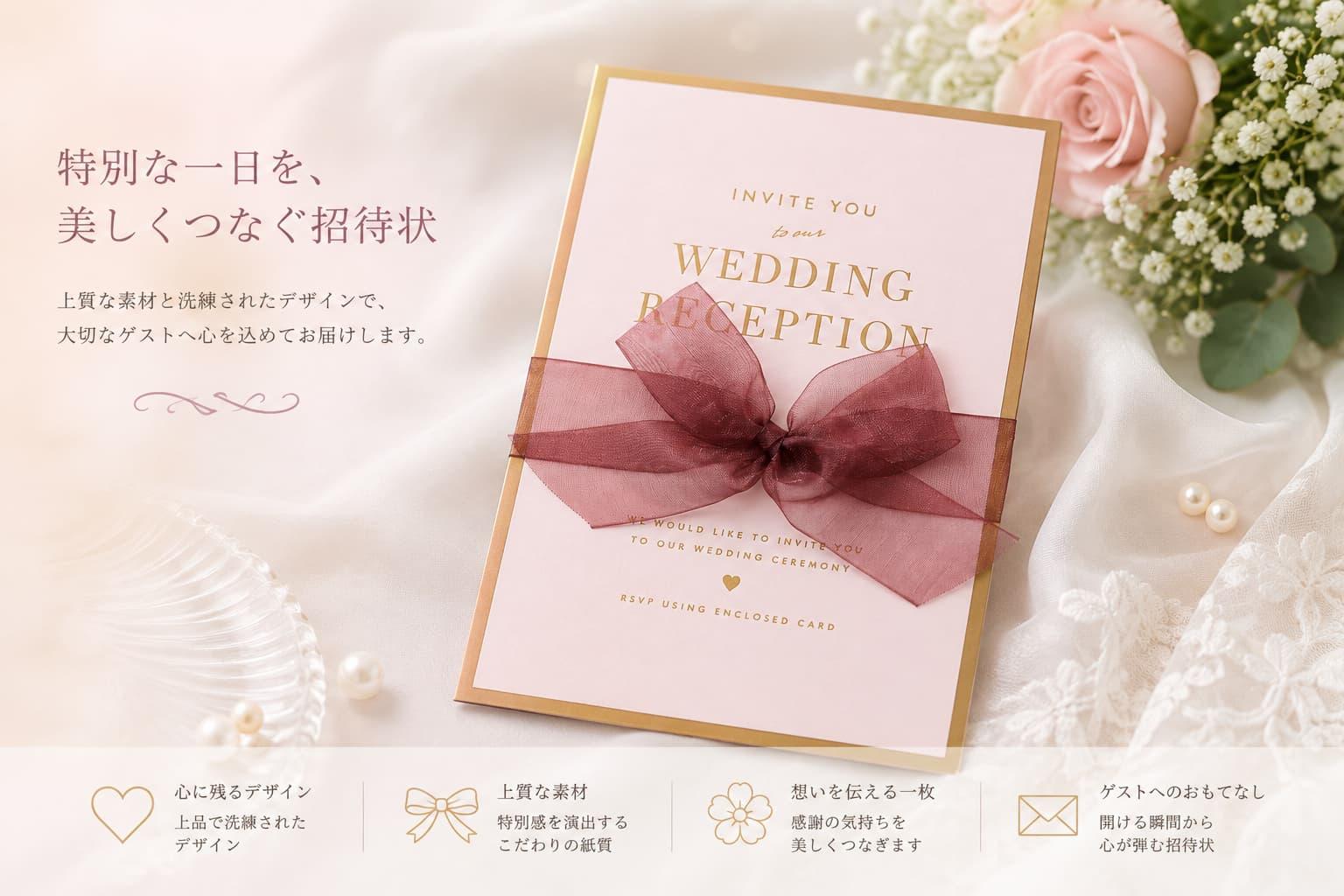 淡いピンクとゴールドを基調にした上品な結婚式招待状。透け感のあるボルドーリボンをあしらった華やかで洗練されたウェディングペーパーアイテム