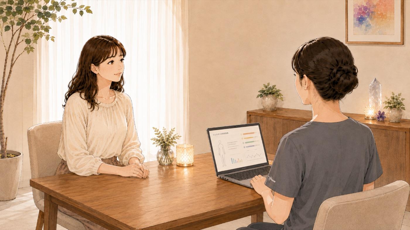 人体図とグラフの測定結果が表示されたノートパソコンの画面を示しながら、施術者がテーブル越しに説明している