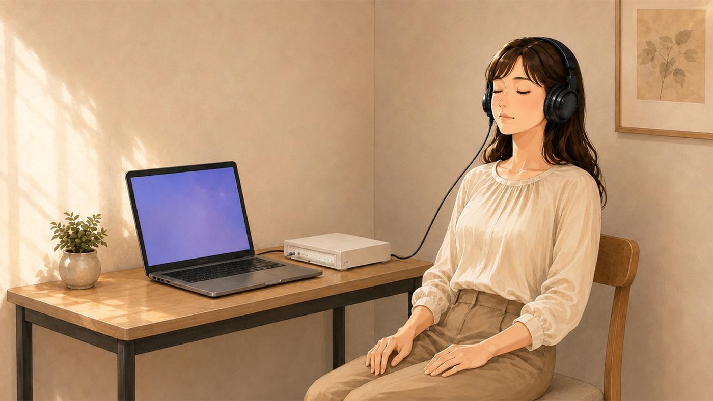 サロンで波動測定を受ける様子。ヘッドホンを着け、測定機器につないだ状態で椅子に座り目を閉じている