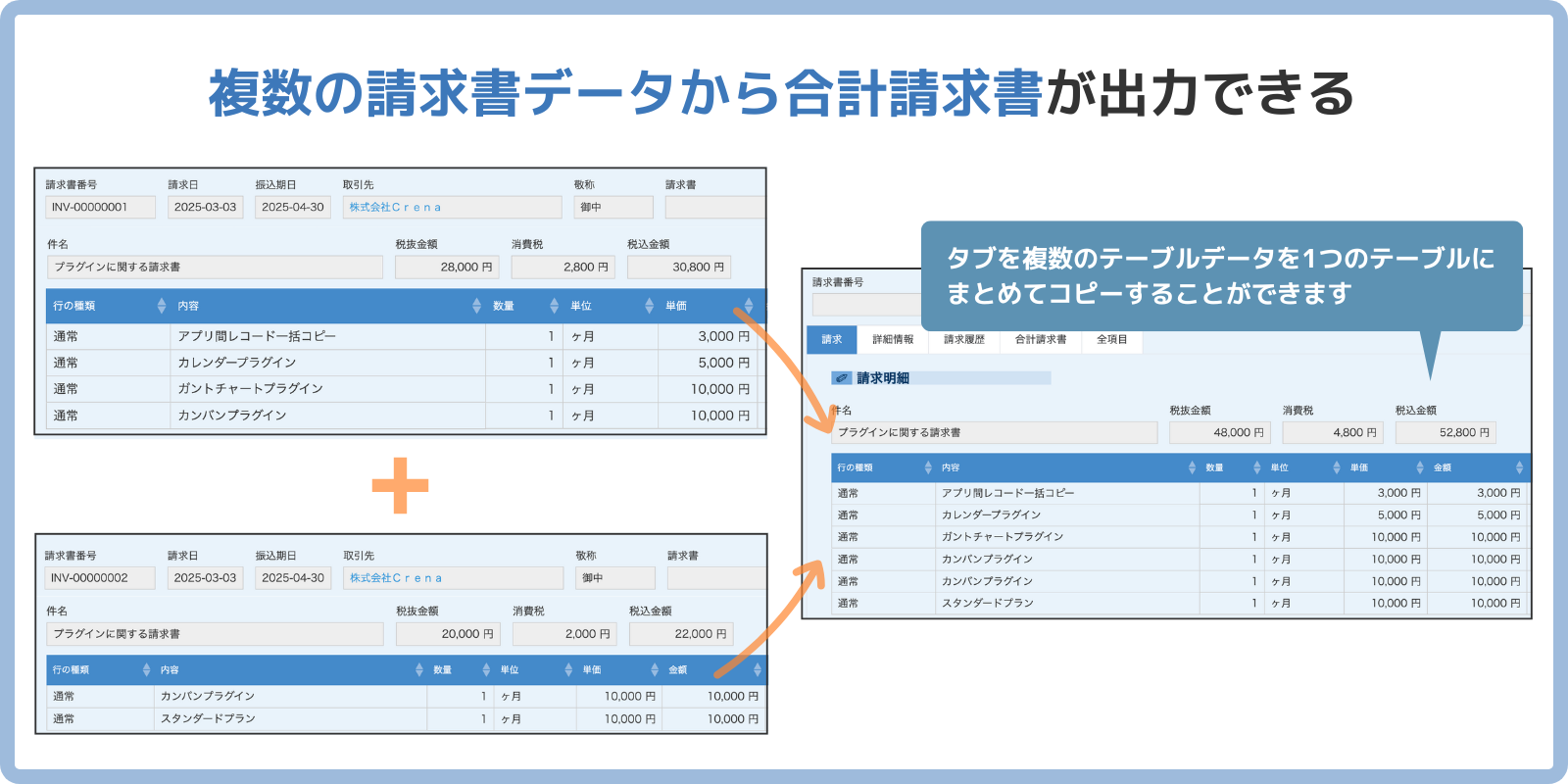 複数の請求書データから合計請求書が出力できる