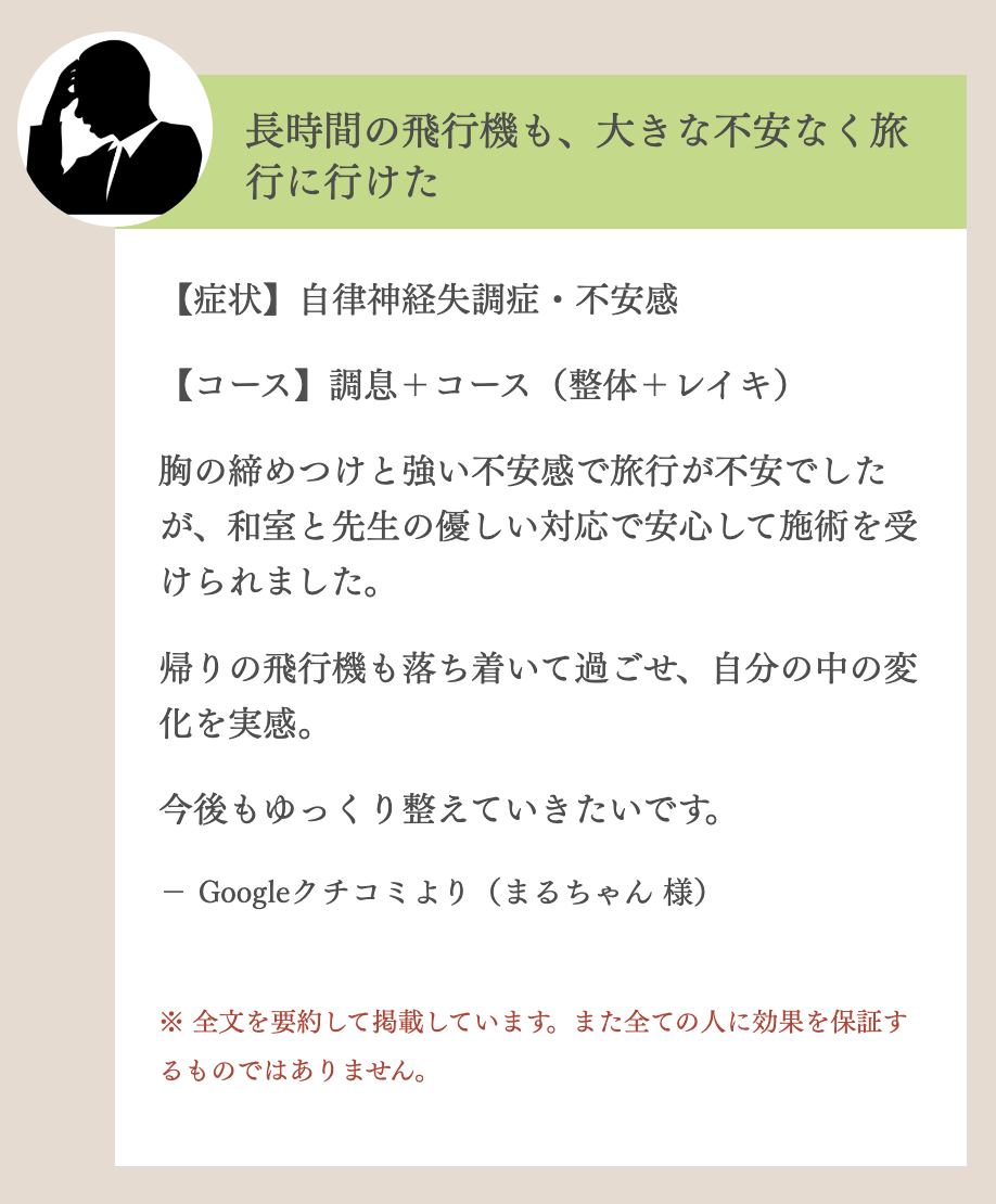 胸の締めつけと強い不安感で悩んでいた方のレビュー（レビューページより抜粋）｜そらまめ整体院