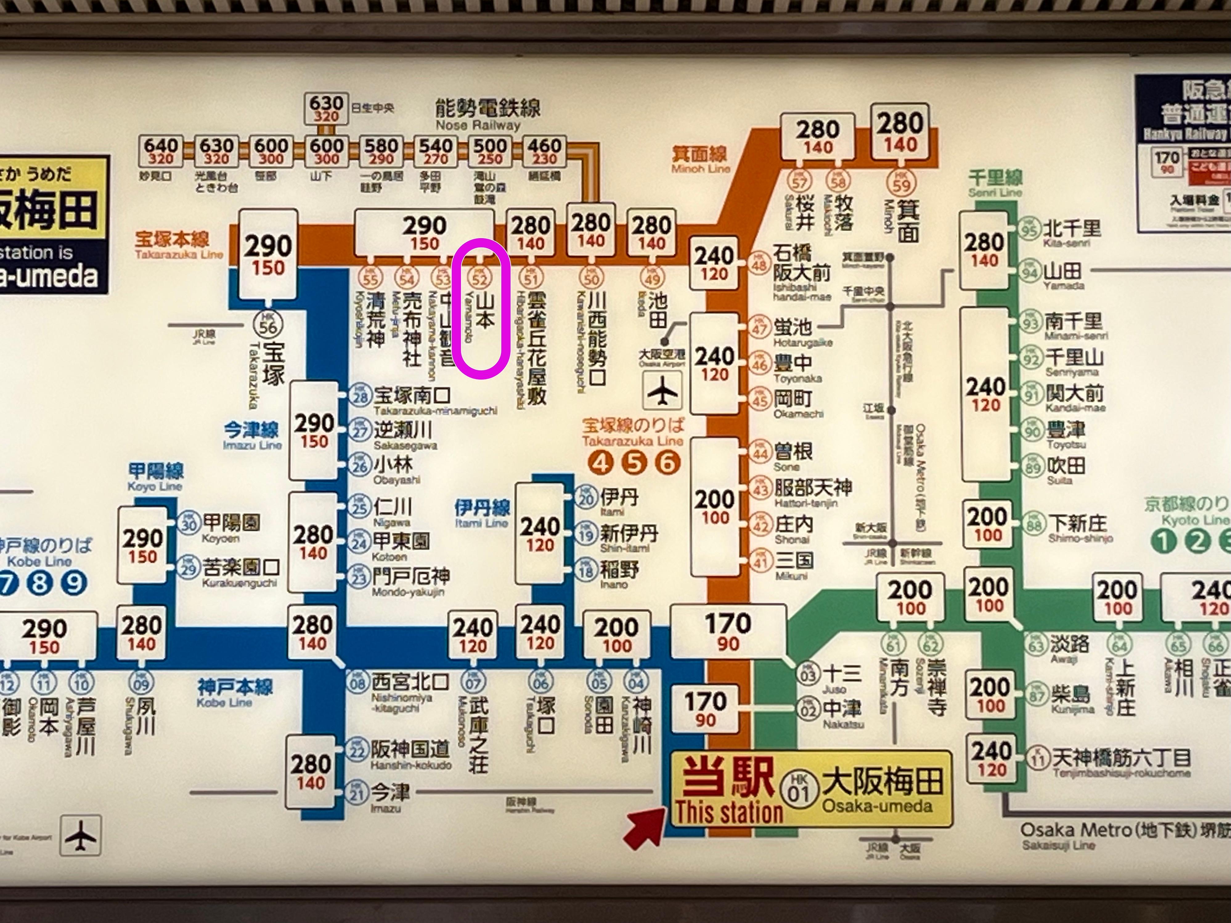 Hankyu Railway route map highlighting the Takarazuka Line from Osaka-Umeda Station