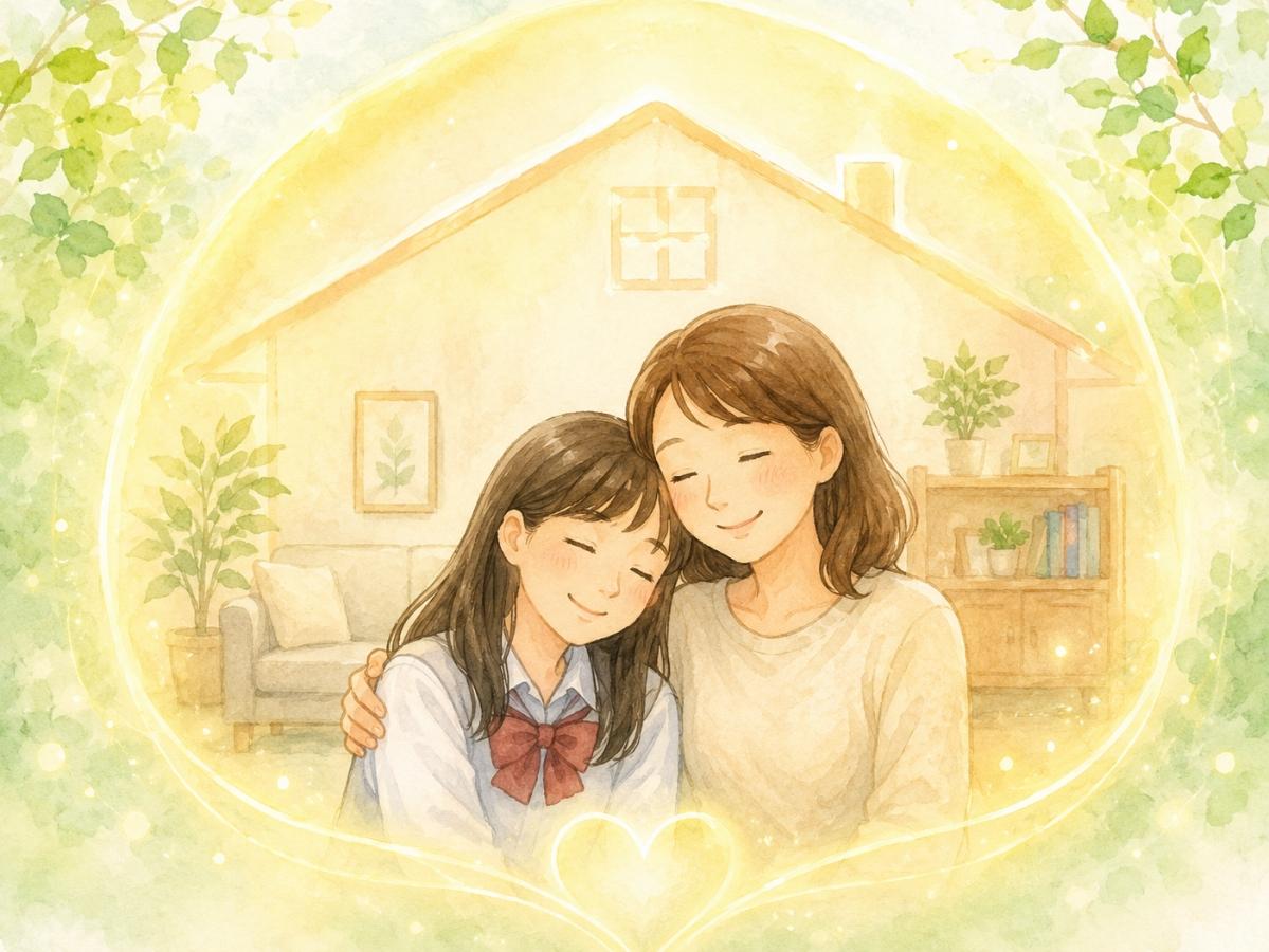 笑顔で寄り添う母親と高校生の娘のイラスト｜成長期のお子様の不眠・自律神経ケア