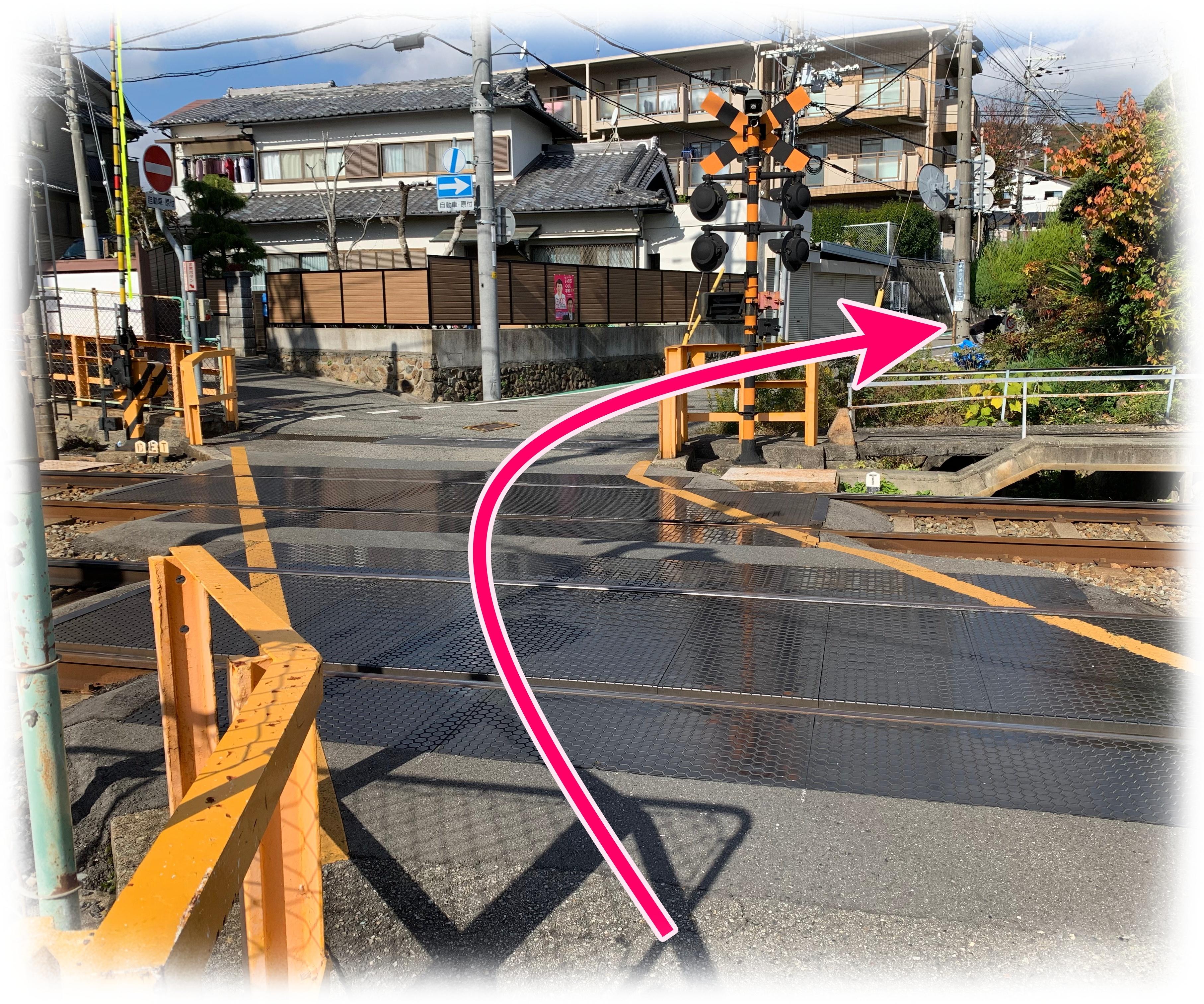 阪急電車の踏切の実際の写真｜写真手前から右奥に向かう矢印は、そらまめ整体院への道順を表している。