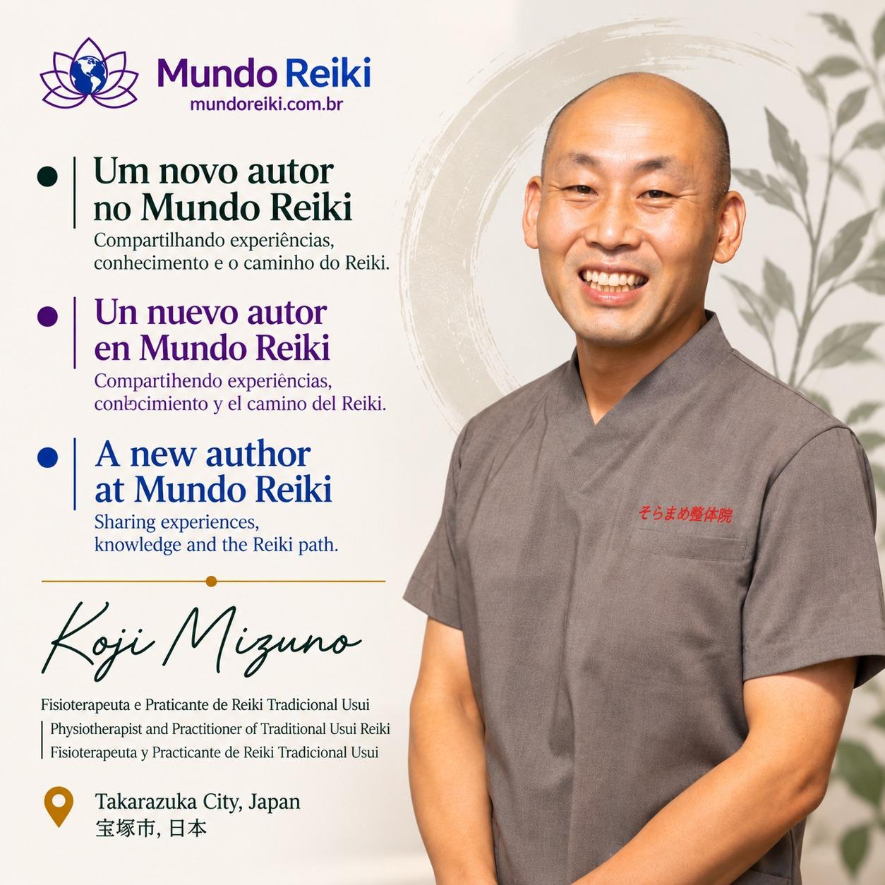 Banner announcing Koji Mizuno as a new author at Mundo Reiki, featuring his title as Physiotherapist and Practitioner of Traditional Usui Reiki.