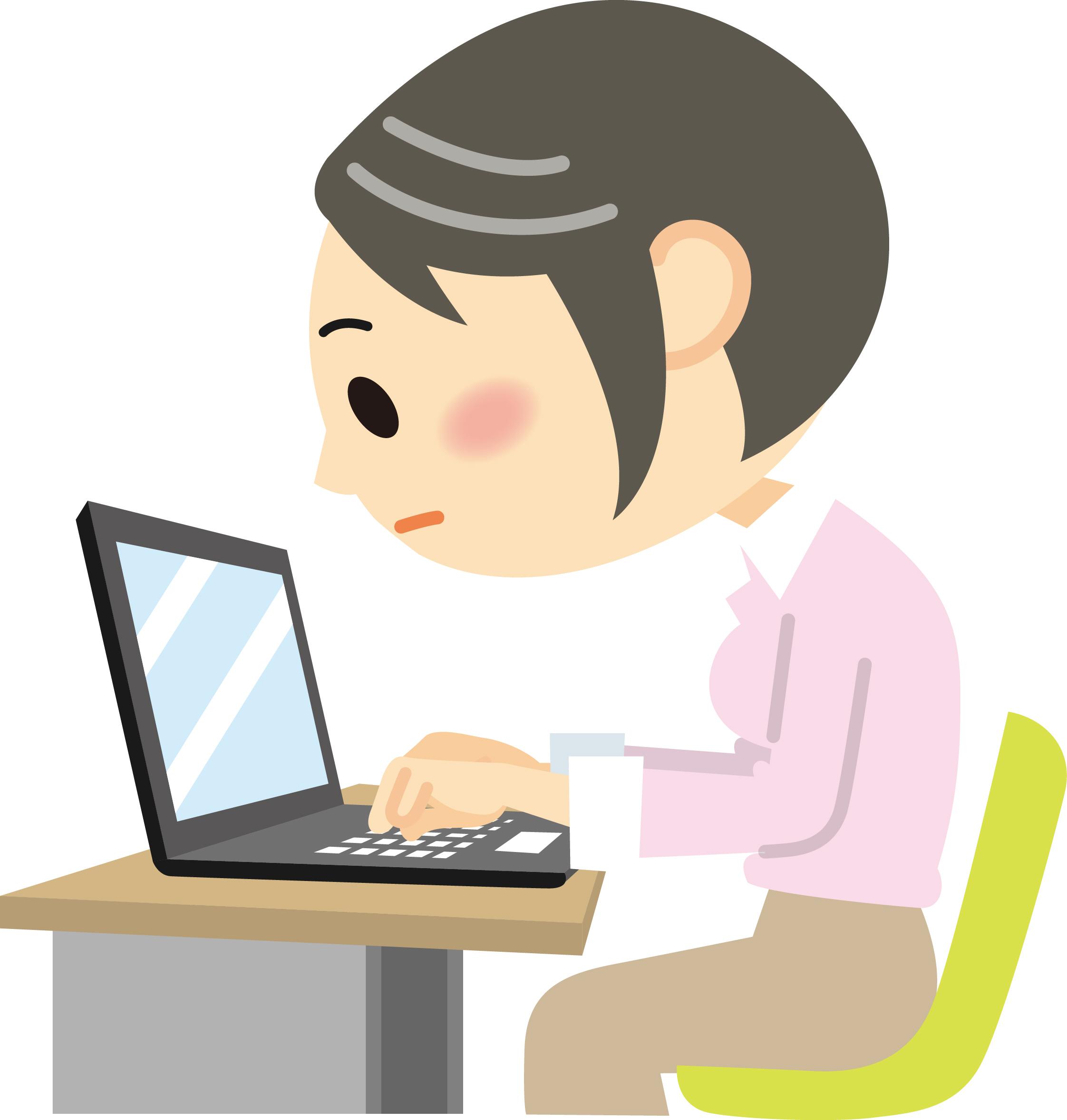 パソコン作業で猫背になり、姿勢が崩れている女性のイラスト。物理的な歪みによる自律神経への影響。