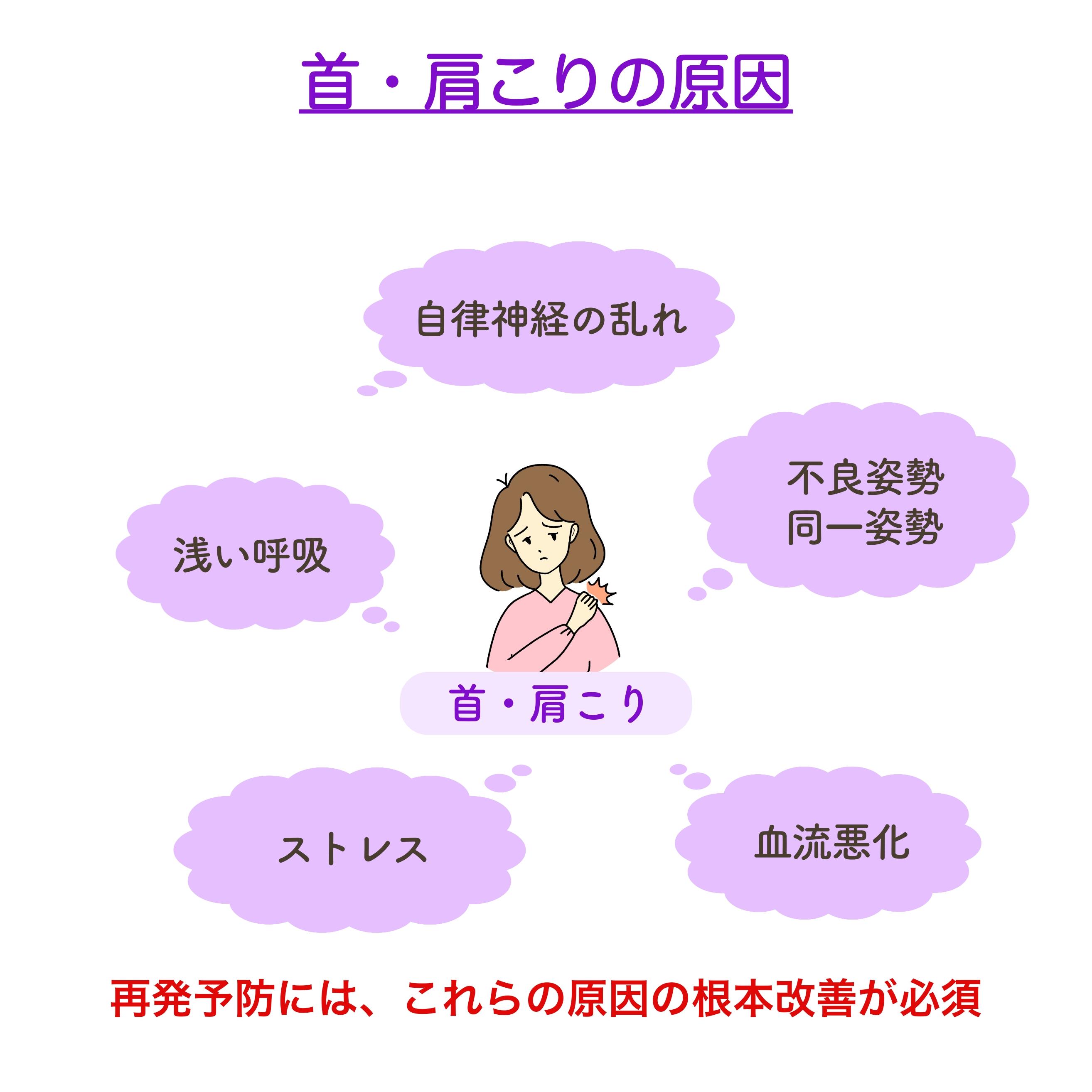 首・肩こりの原因を示す図解。中央の女性イラストの周囲に、自律神経の乱れ、不良姿勢・同一姿勢、浅い呼吸、ストレス、血流悪化の要因が吹き出しで描かれている。下部には『再発予防には、これらの原因の根本改善が必須』と強調されている。