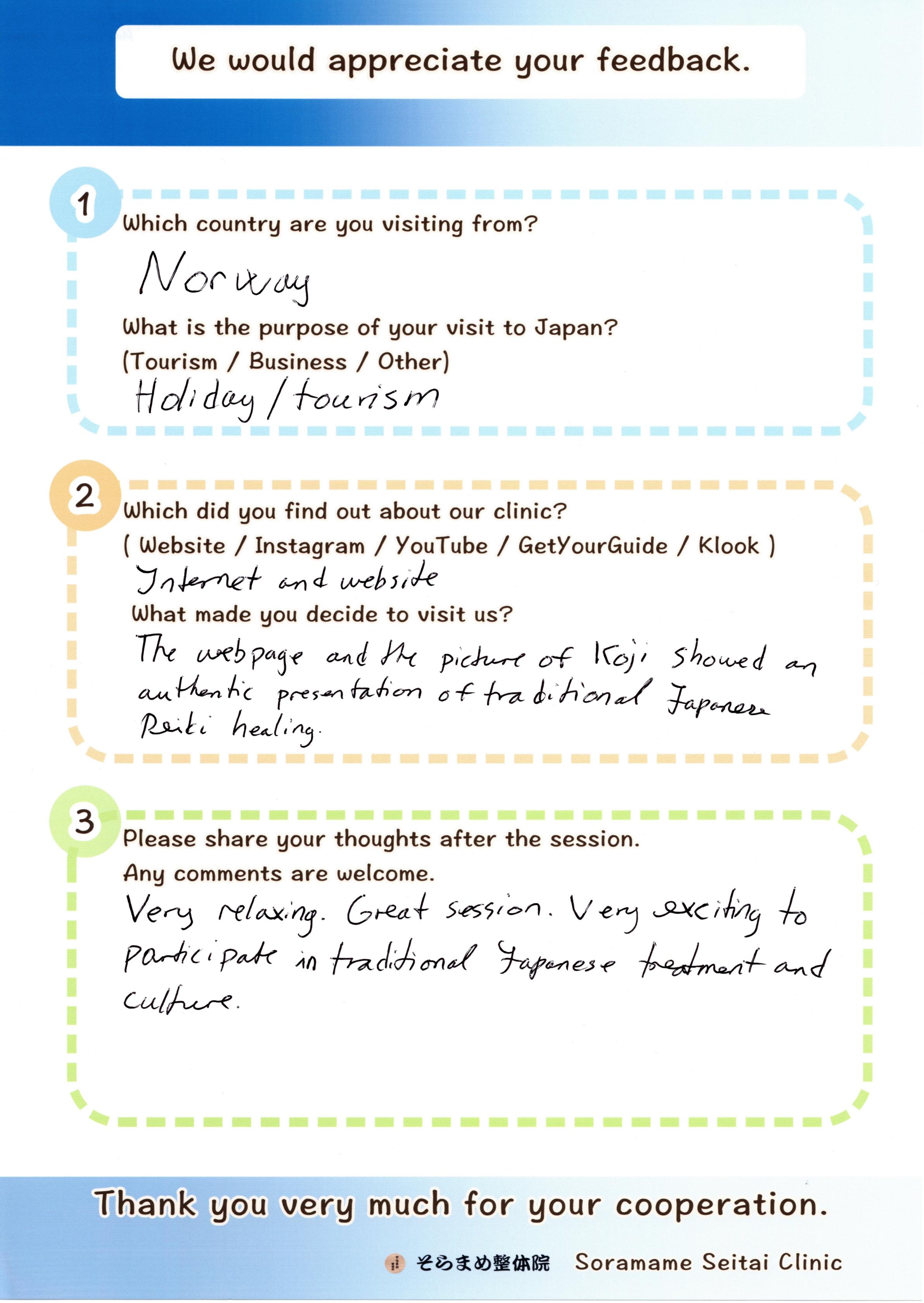 Handwritten feedback form from a Norwegian guest, mentioning that the webpage and Koji's picture showed an authentic presentation of Reiki.